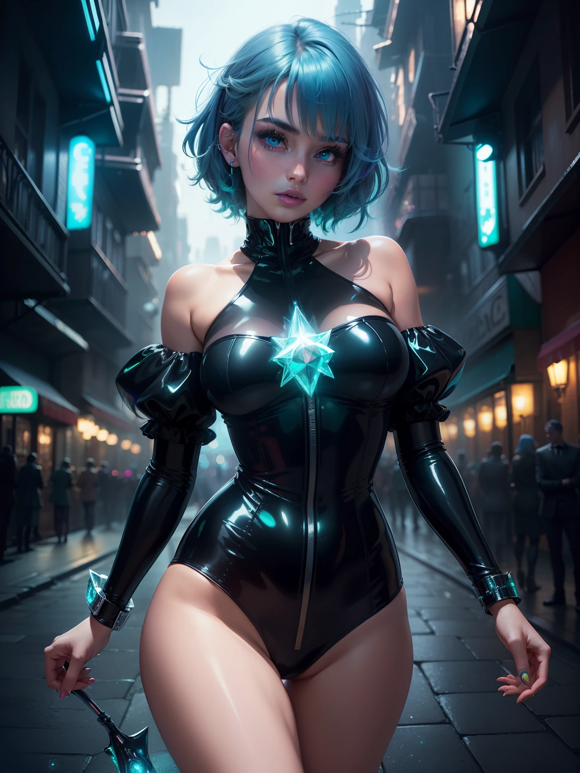(best quality, high resolution) night scene, (beautiful girl:1.1), (cute outfit:1.2), (magic atmosphere:1.4), city lights, neon lights, futuristic, dynamic pose, (blue hair:1.1), (emerald eyes:1.2), (glossy lips:1.3), mysterious, (romantic mood:1.1), (sparkling magic:1.2), "let's go on an adventure together, under the magic of the night".