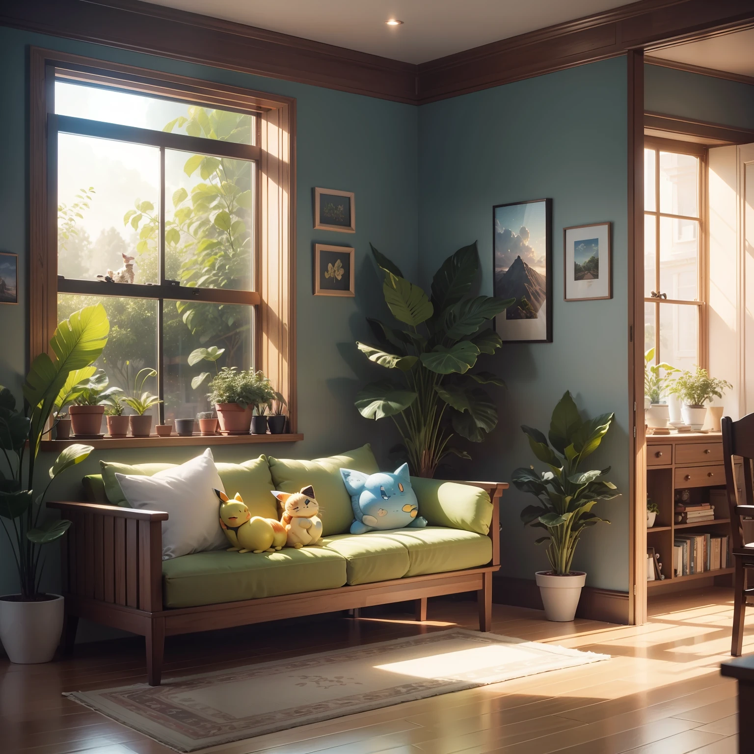 Crie uma imagem realista masterpiece,best quality,asterpiece,beautiful,extremely detailed CG unity 8k wallpaper,A home office livingroom with bookshelf and plants, picture frame above the couch, plant, book, no humans, indoors, potted plant, pillow, bookshelf, wooden floor, couch, rug, shelf, photo (object), pokemon (creature), pikachu, cat, window, scenery, picture (object), sleeping, bulbasaur, stuffed toy