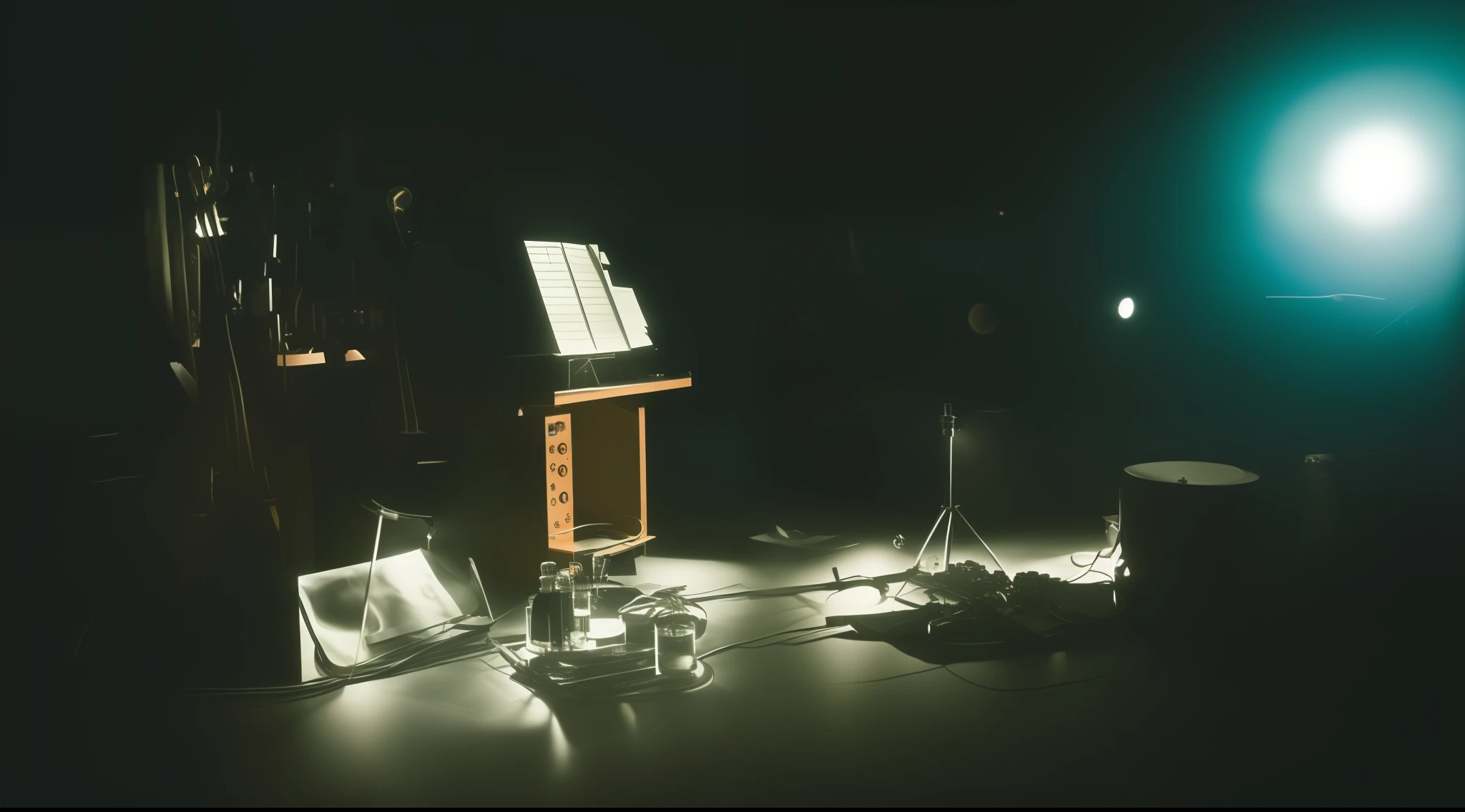 Classic grainy negative photography, hyper-realistic, ultra-detailed science lab, scattered musical instruments, dark fantasy cinema of the 1970s, haze, galiting, dramatic atmosphere, proper exposure, 800 ISO. Nikon D5
