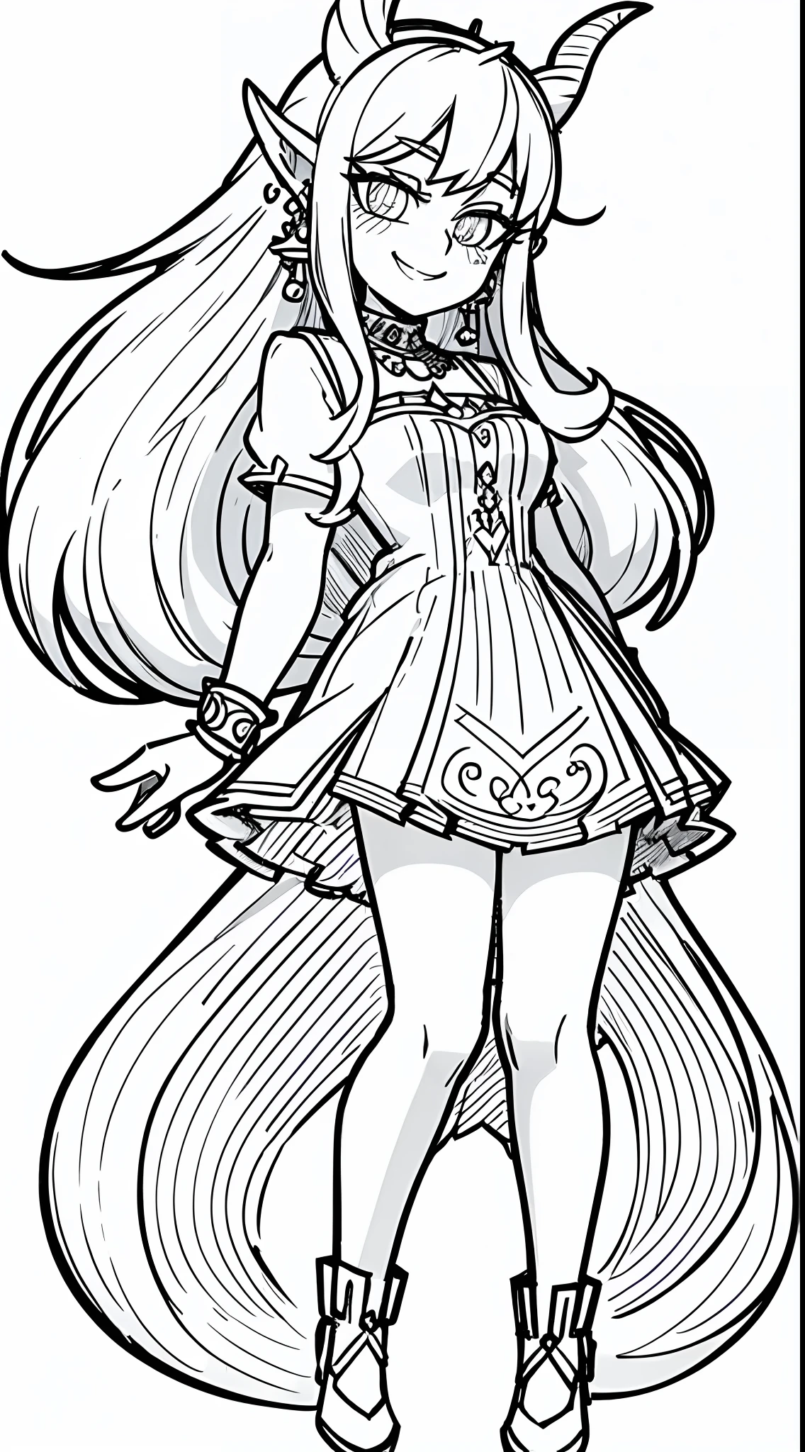 (Full Body: 1.2), white background, monochrome, line drawing, ((sketch)), long hair, jewelry, blushing, cute, smug, smile, rolling eyes, earring, dress, miniskirt, goat horn