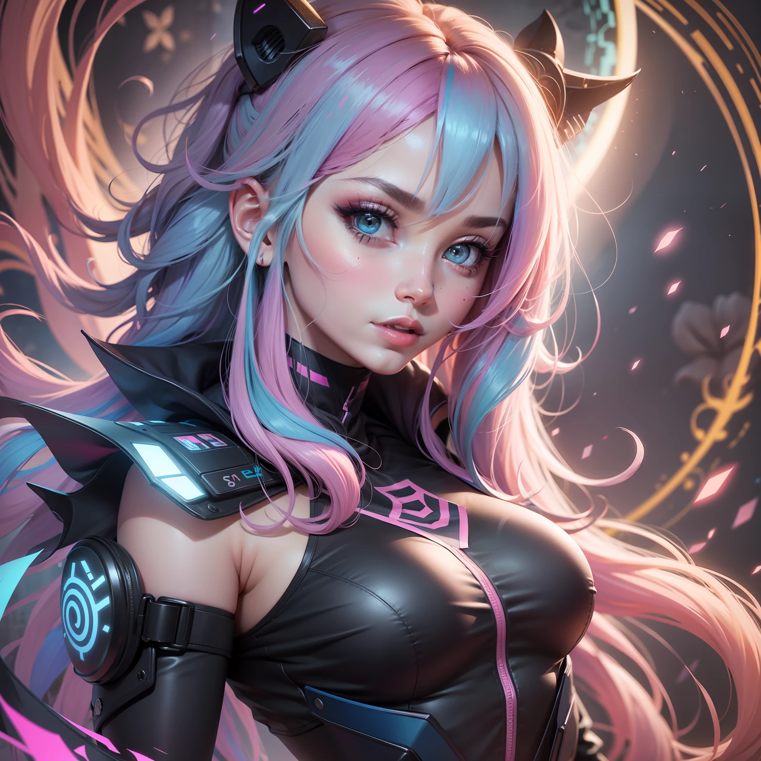 Mulher ninja com fone de ouvido sentido paz, olhos fechados, rosto bonito, cores RGB, cabelo rosa brilhante, colorido anime, fundo brilhante, Banner for youtube video,  feliz, nuvens com cores RGB, cores RGB brilhantes, completo, ser celestial, garota gamer.
