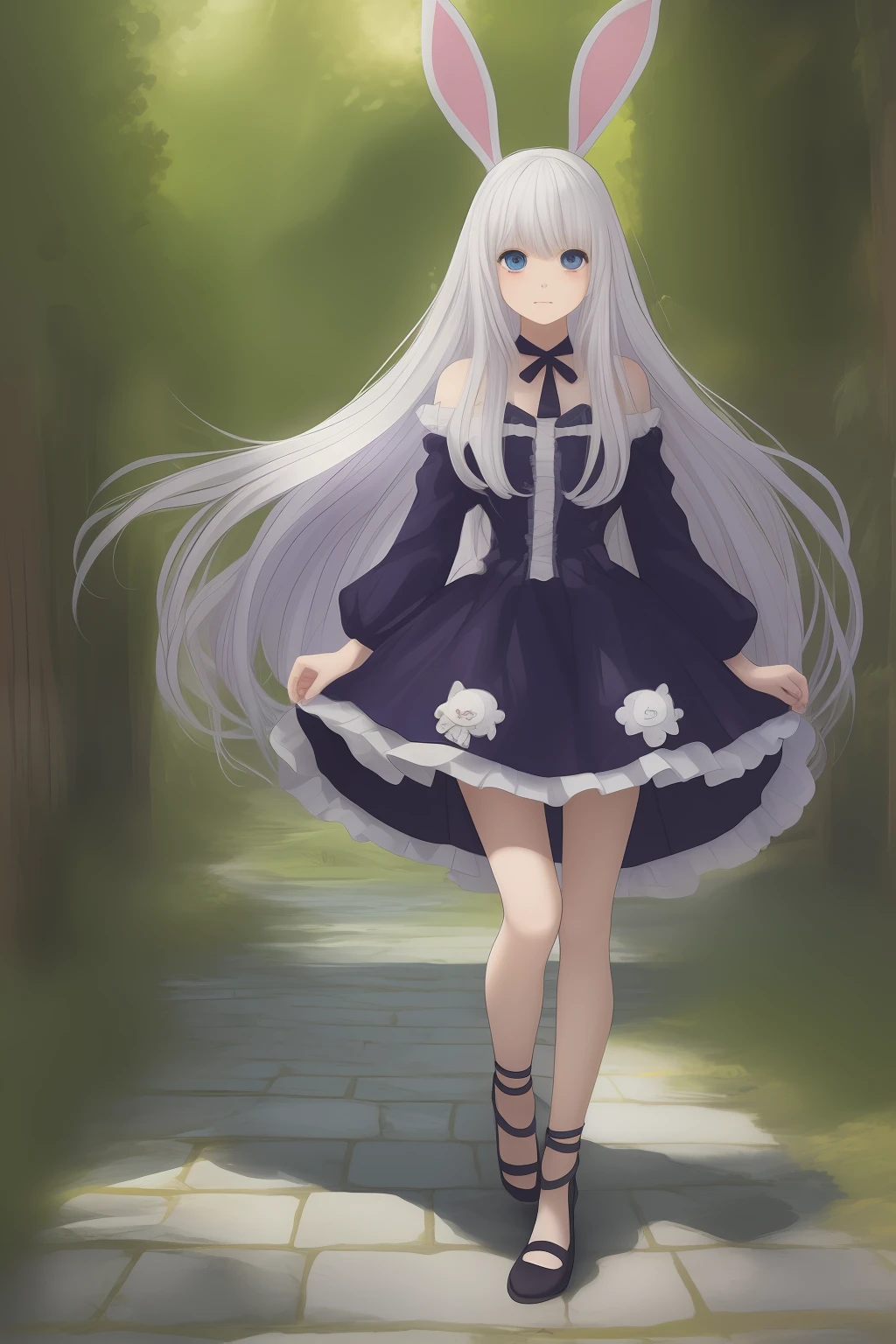 girl with long and white hair, blue eyes wearing a bunny outfit. anime style, full body image --auto --s2