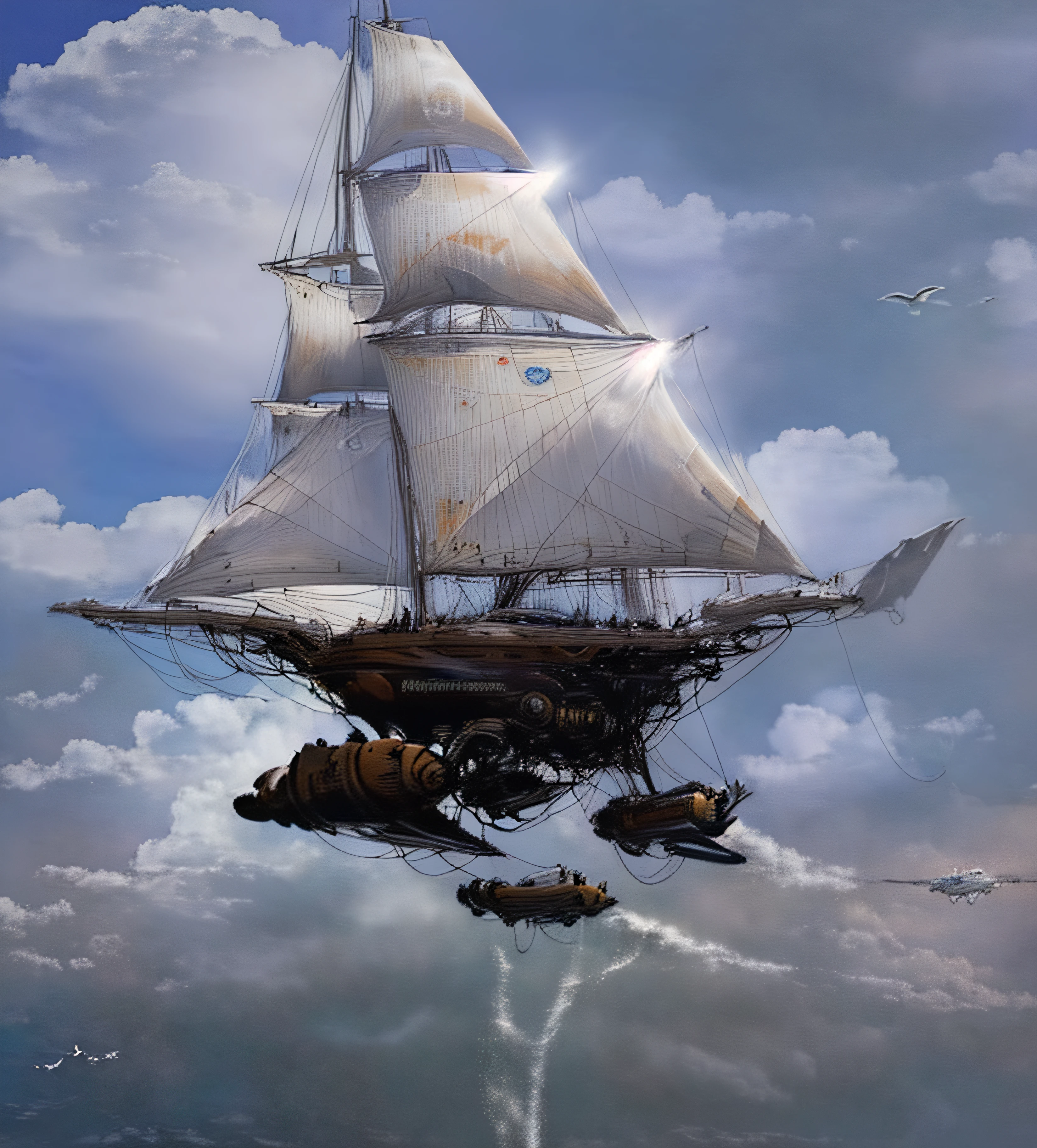 Futuristic super sailboat jumping through the clouds surrounded by seagulls and hot air balloons and down the rough sea with a multitude of high waves and swimming sharks