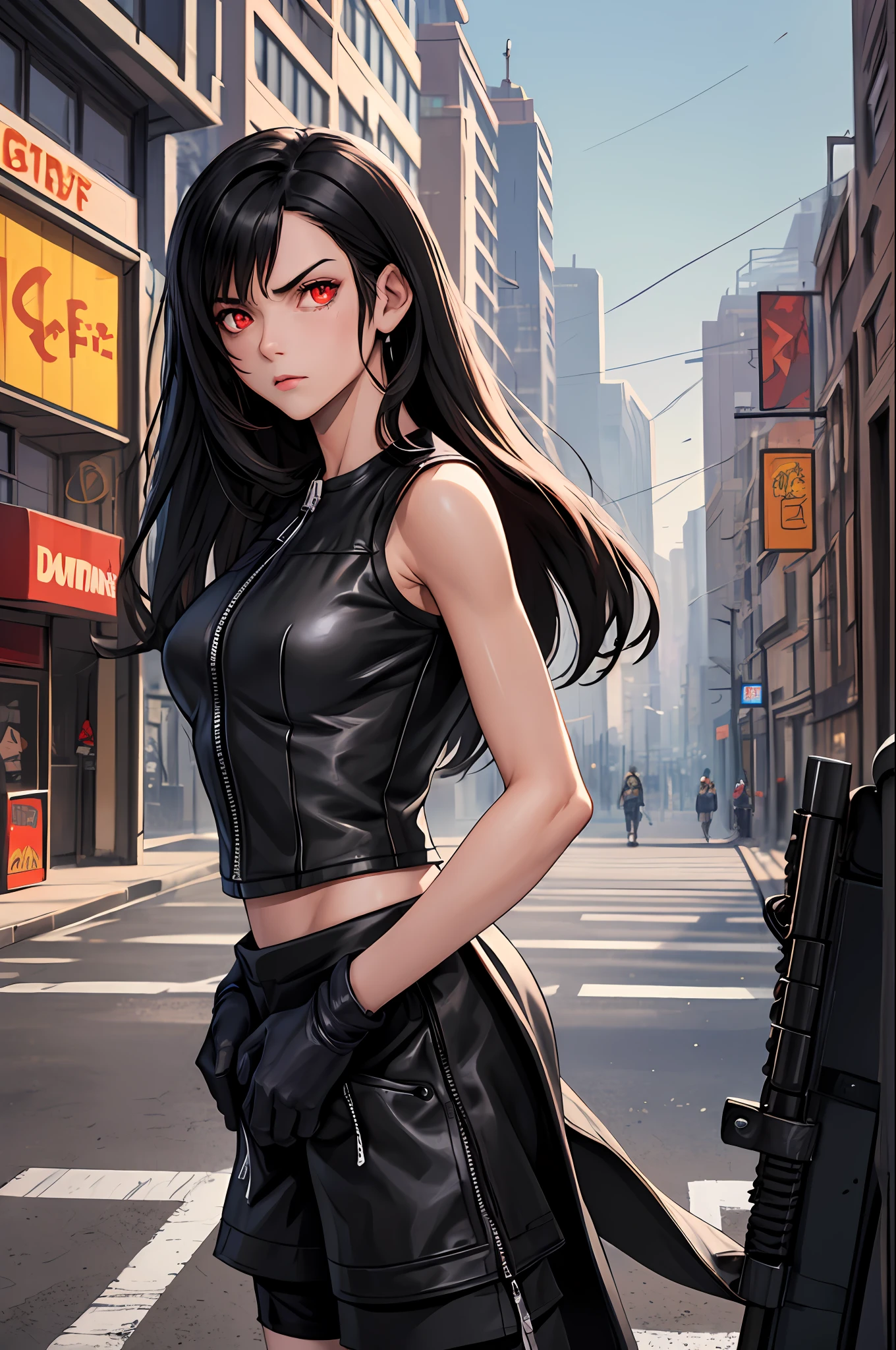 masterpiece, best quality, acTifa, black tank top, zipper, black shorts, long black skirt, black gloves, dystopian city, city street, car, looking at viewer, cowboy shot, serious expression (red eyes)