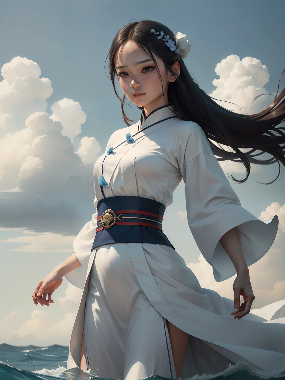 Show me an image that portrays courage and self-awareness, even in the face of impossible dreams. Let it be a masterpiece with the best quality and ultra-detailed, featuring a single individual in a dynamic pose wearing white wuxia clothes with a neck ribbon, and her beautiful face with blue eyes standing out. The scene should be set at twilight with too many drops of water and beautiful clouds in the background, giving a watercolor-like feel. Make it a wide shot, and let the floating effect give it a mesmerizing appeal that matches the depth of her character.