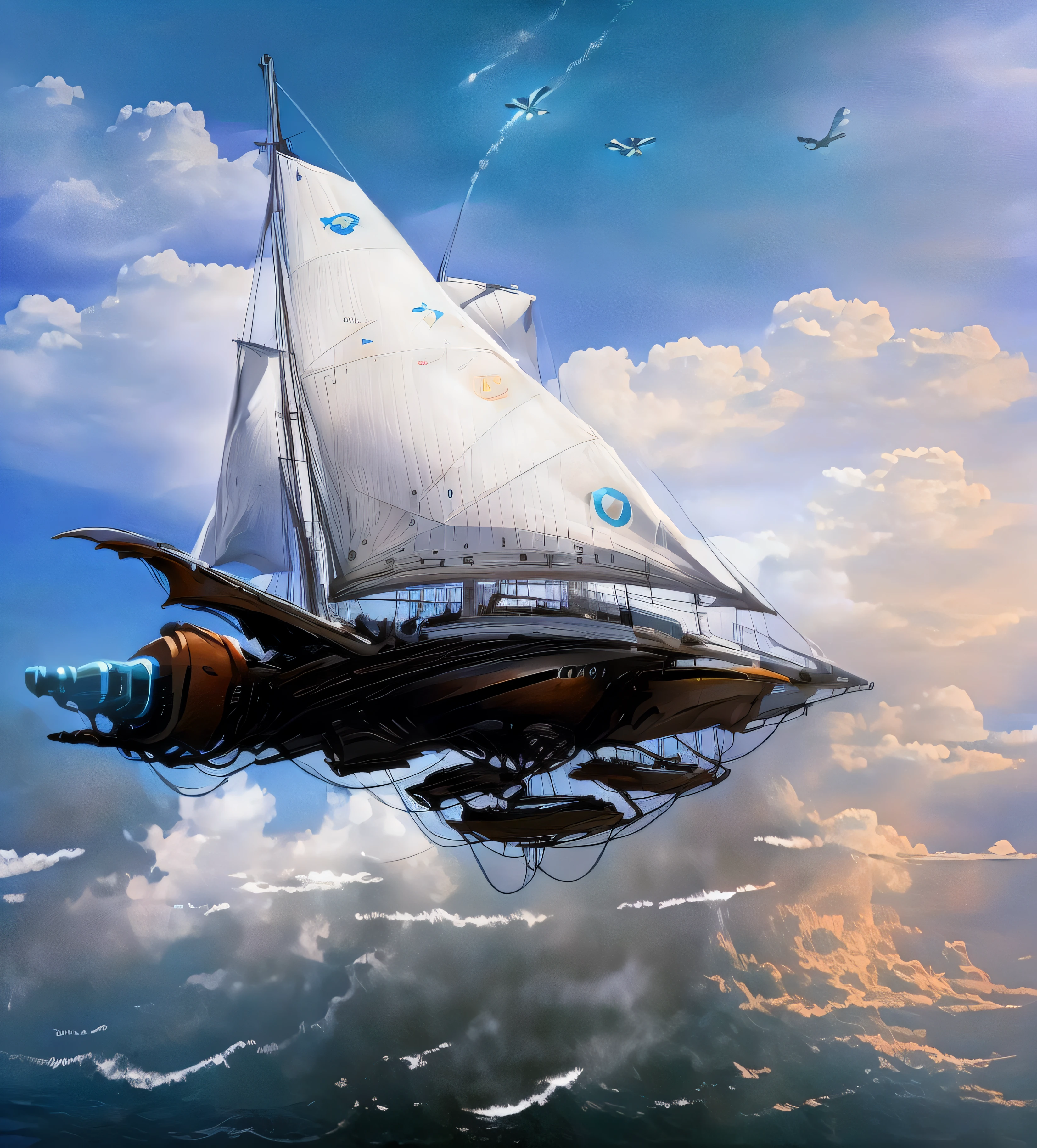 Futuristic super sailboat jumping through the clouds surrounded by seagulls and hot air balloons and down the rough sea with a multitude of high waves and swimming sharks