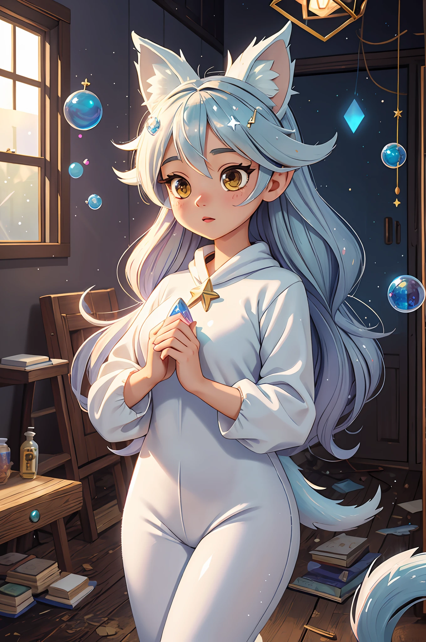 (masterpiece, best quality), intricate details, 1girl, pointy long animal ears, tail, bubbles, soapy bubles, prisms, lighting effect, floating halo glowing over her head, godly, comfy clothes, modern outfit, in an abandoned room