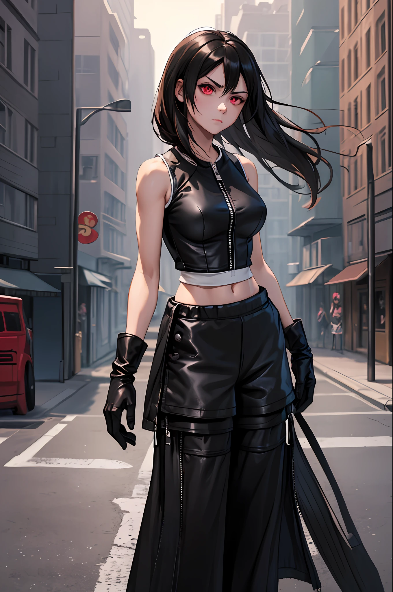 masterpiece, best quality, acTifa, black tank top, zipper, black shorts, long black skirt, black gloves, dystopian city, city street, car, looking at viewer,  cowboy shot, serious expression (red eyes)