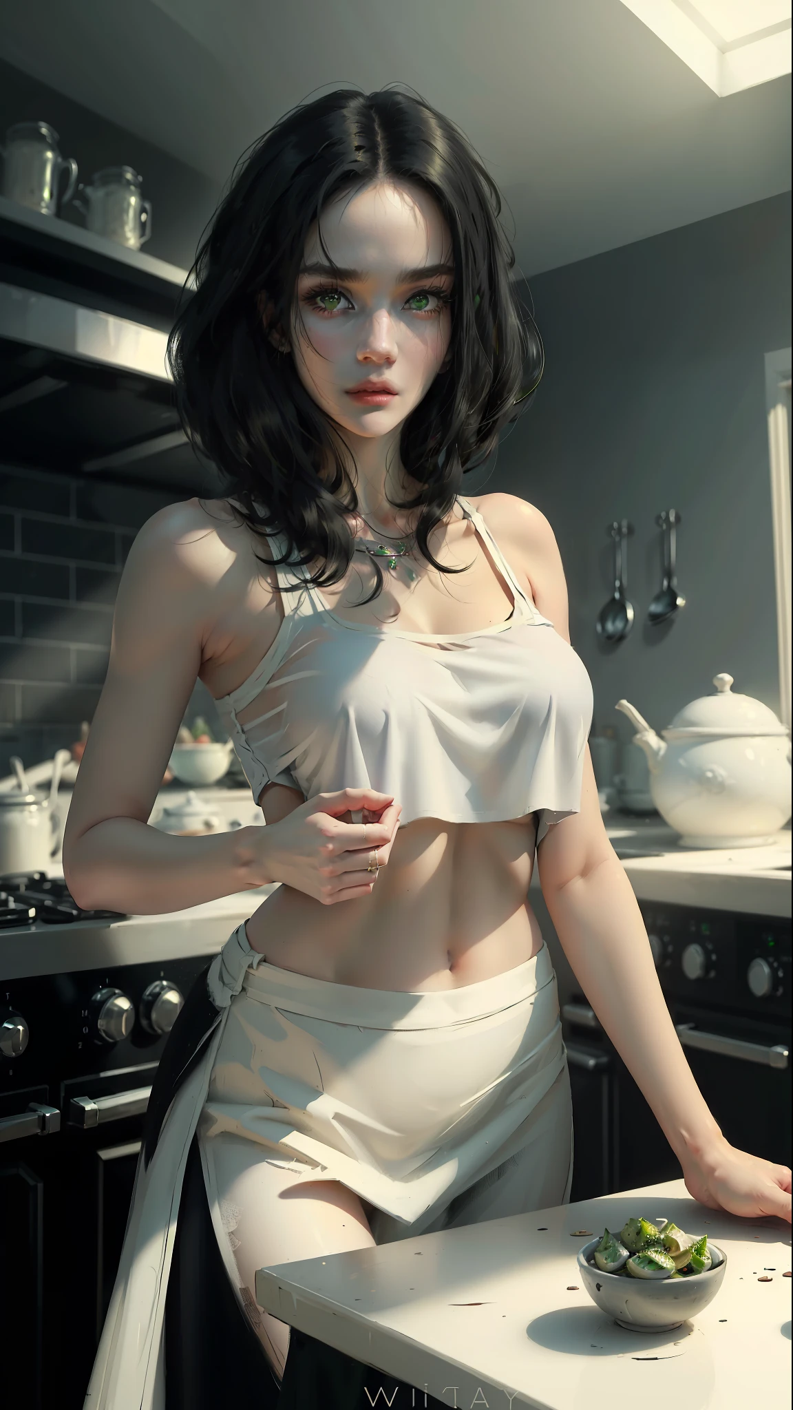 ((Best quality)), ((masterpiece)), (highly detailed:1.3), a woman in white top, black skirt short black hair, green eyes, in the kitchen