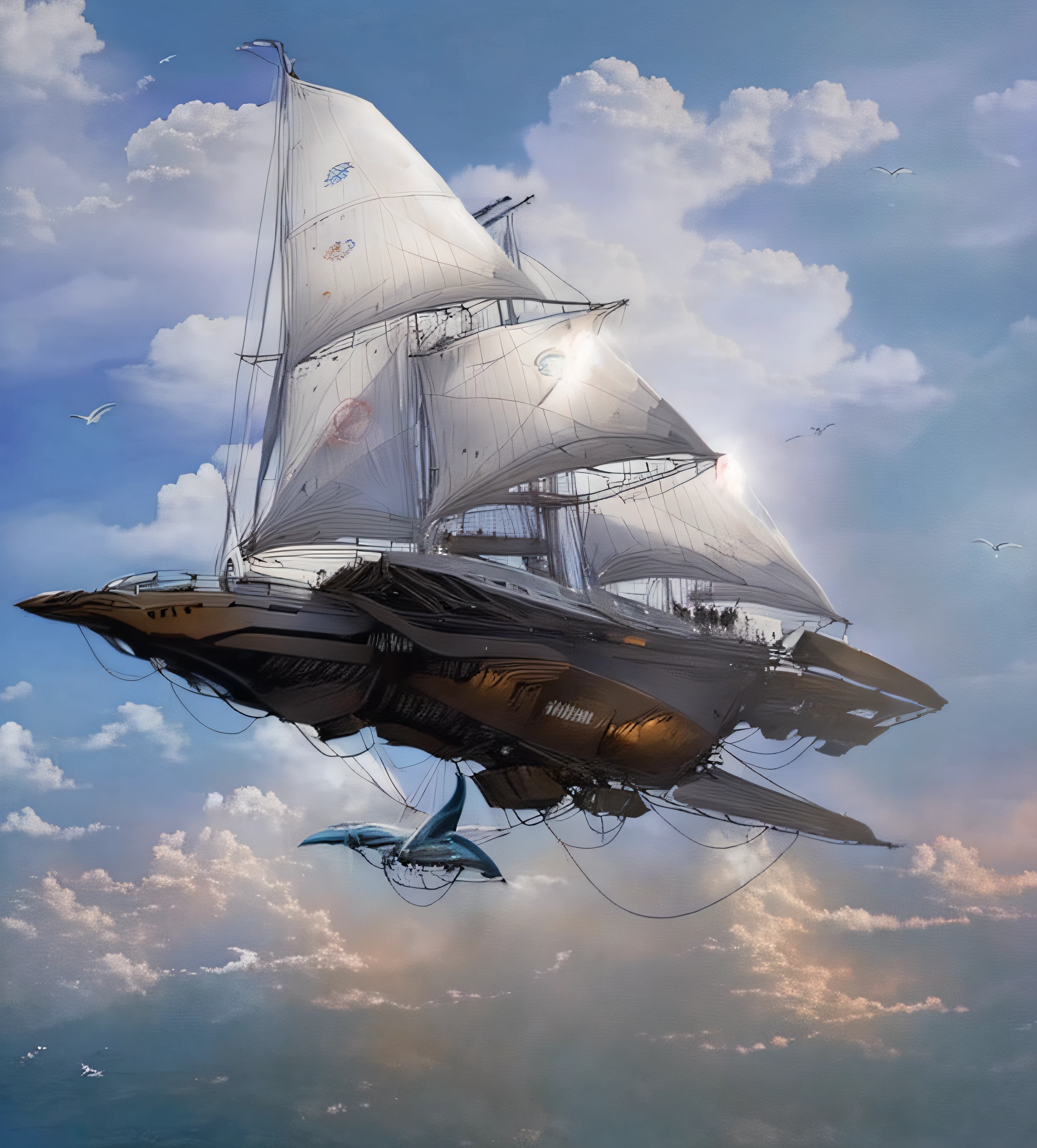 Futuristic super sailboat jumping through the clouds surrounded by seagulls and hot air balloons and down the rough sea with a multitude of high waves and swimming sharks