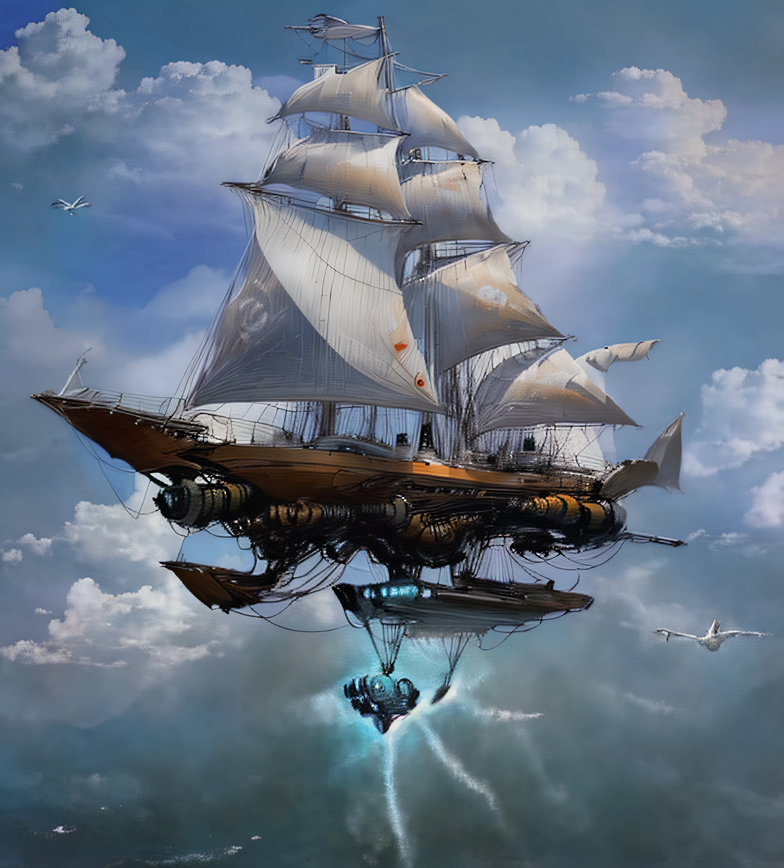 Futuristic super sailboat jumping through the clouds surrounded by seagulls and hot air balloons and down the rough sea with a multitude of high waves and swimming sharks
