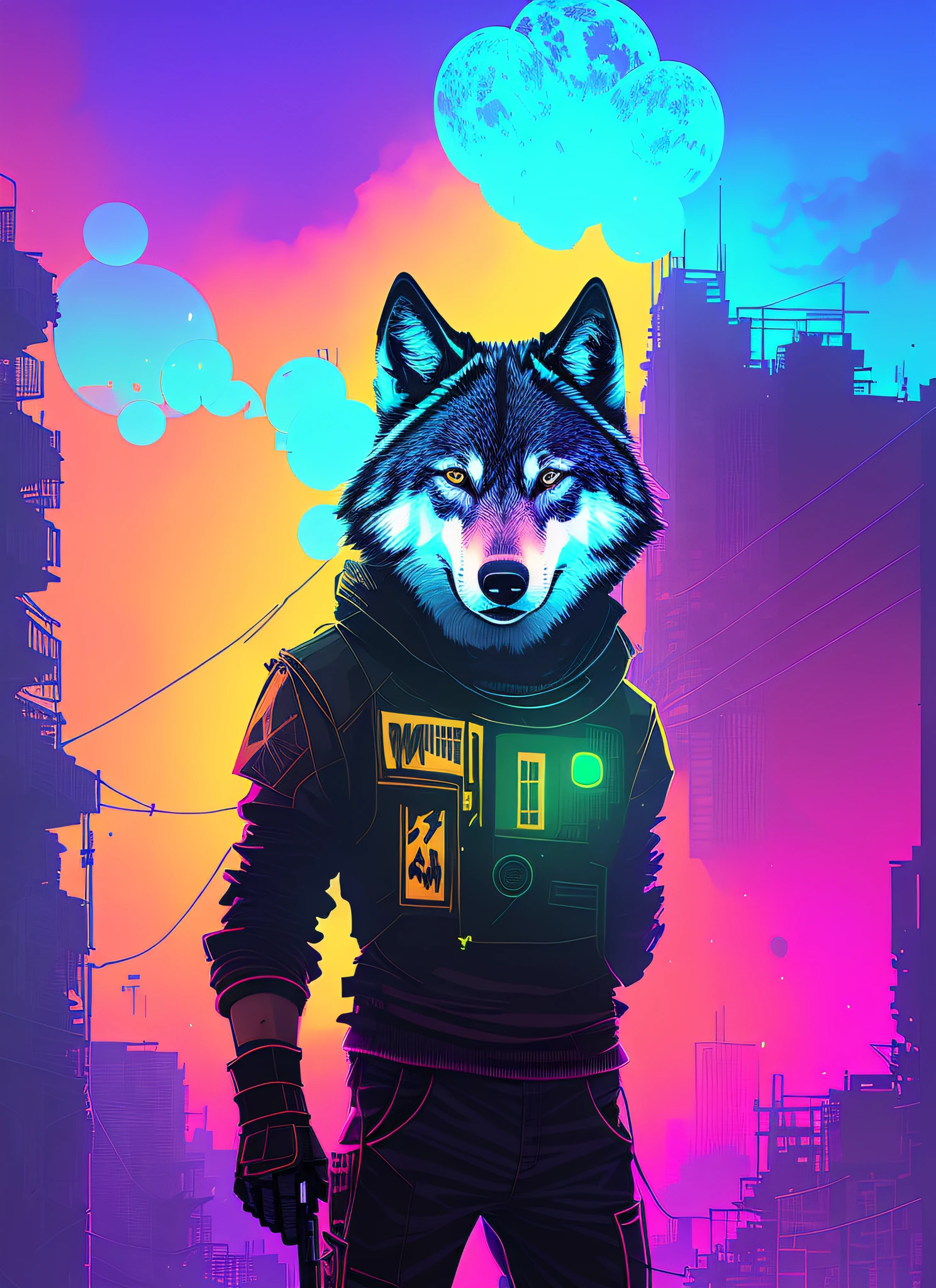 Style Snthwve Nvinkpunk, (wolf-faced man wearing sweatshirt and baggy pants), Wolf Man, Wolf, (Wolf), (hallucinating colorful soap bubbles), by Jeremy Mann, by Sandra Chevrier, by Dave McKean and Richard Avedon and Maciej Kuciara, punk rock, Tank girl, Detailed High, 8K