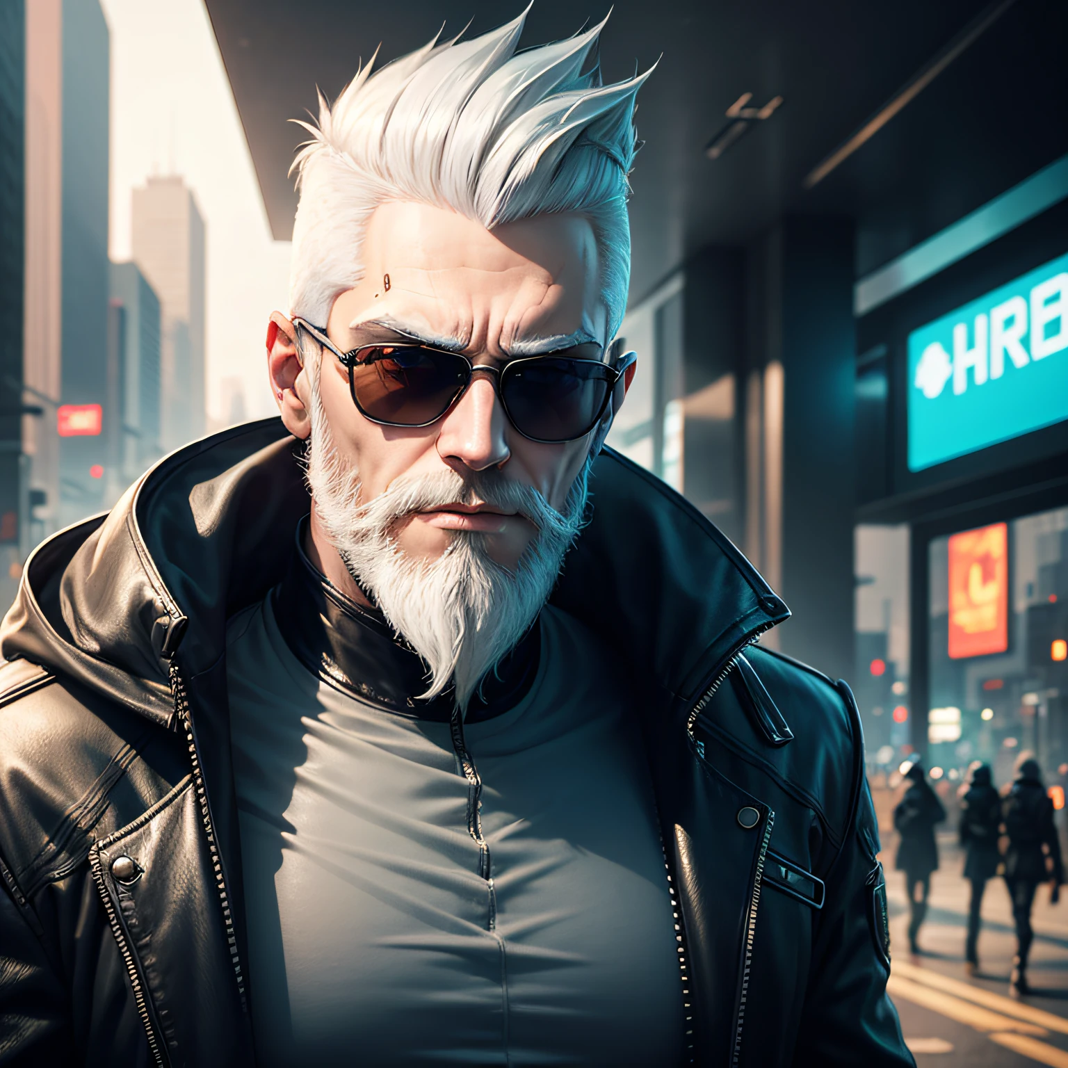 Photo of cyberpunk man with white hair and beard wearing sunglasses and showing his face and short hair --auto