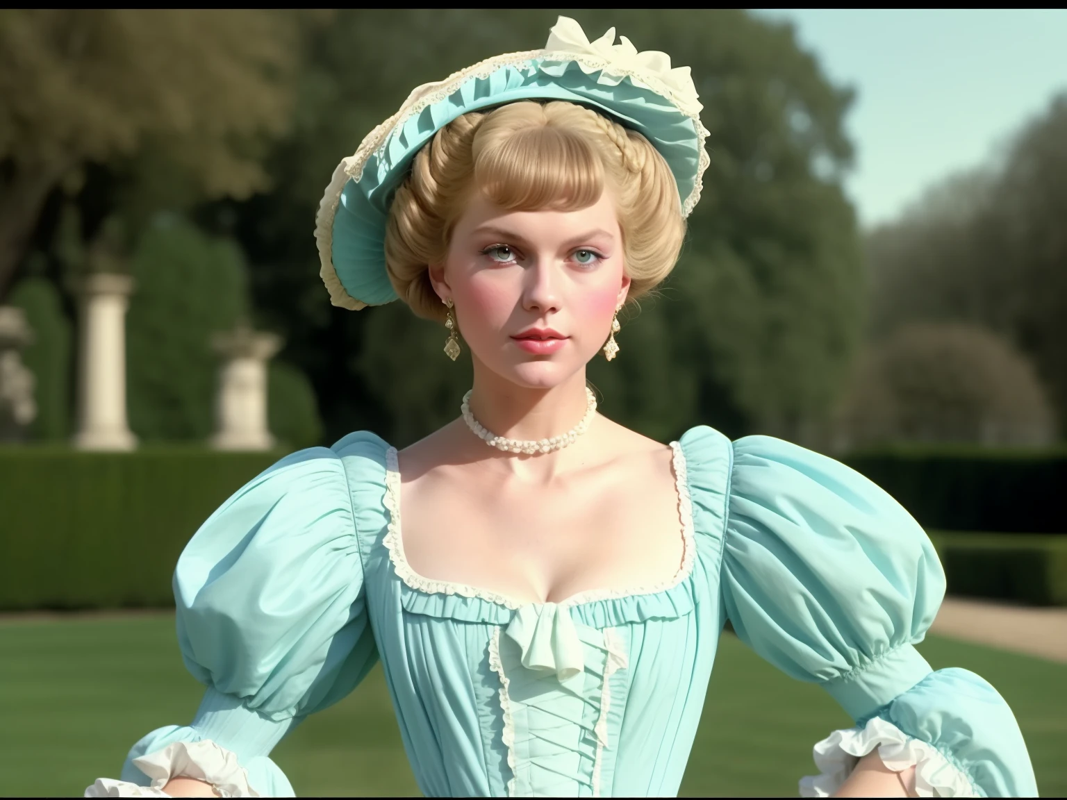 close up, the 80s scene movie, a noble lady wearing white dress and Lunardi hat with a Rococo coiffures and walking outside a garden in the 18th century in french, a screen shot by Victor Fleming in 1980s, featured on tumblr, aestheticism, movie still, 1980s, look like Taylor Swift, film grain, fashion inspired by Marie Antoinette, regency era in French, rococo fashion
