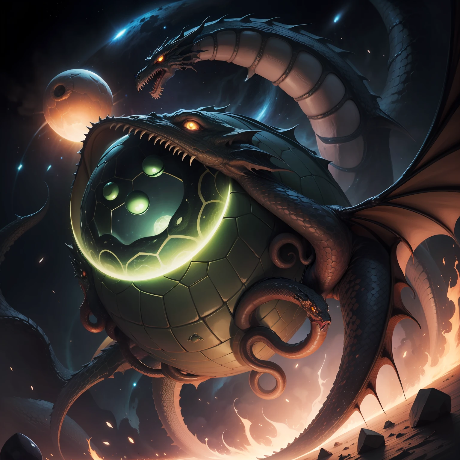 RPG Illustrations - Cthulhu, Dragon snake with multiple tentacles devours a ball star as if it were a black hole, As a comic book in sequence; in the space , com estralas ao redor e galaxias ao fundo