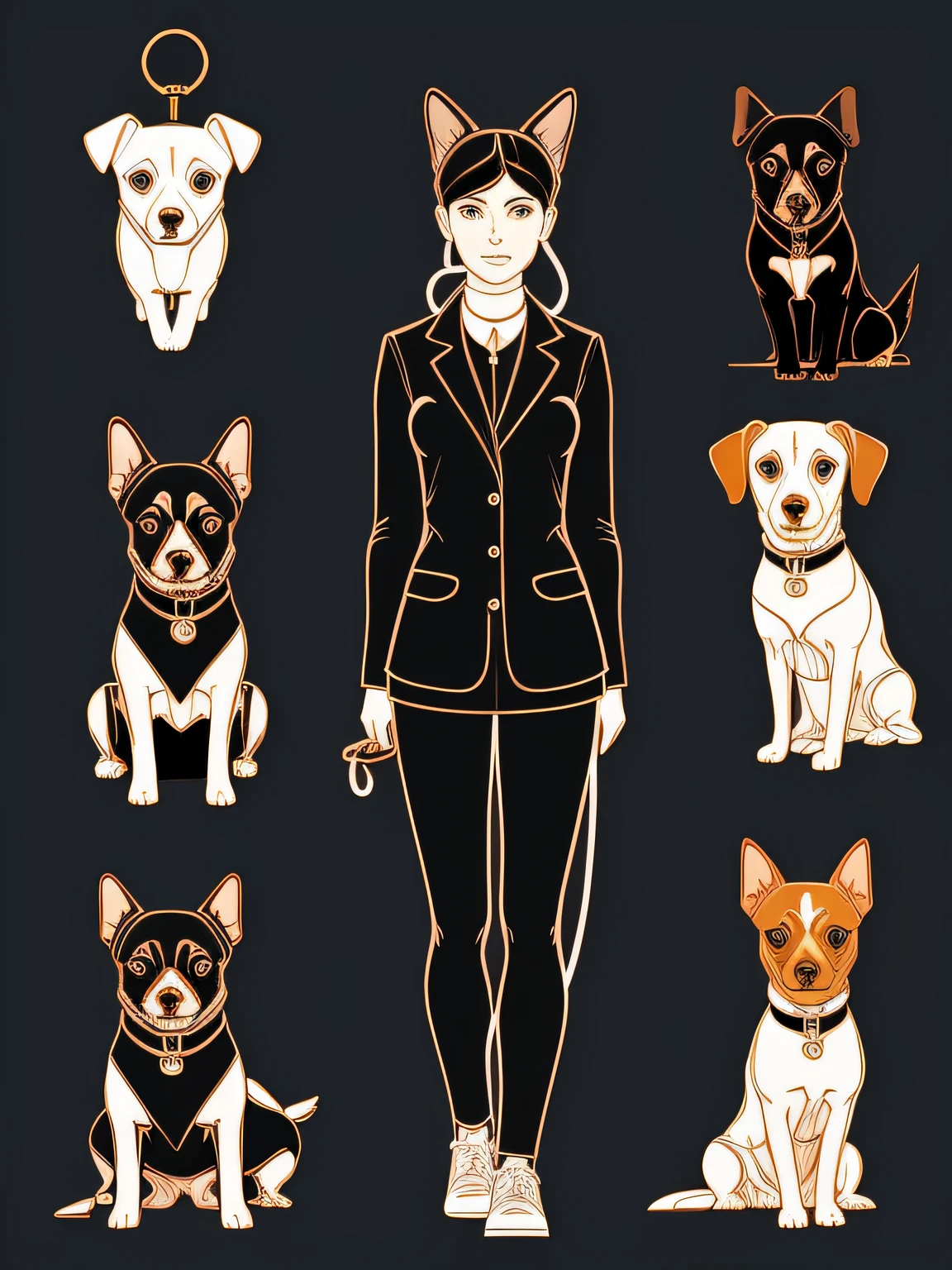 Vector-art of a (dog walker using expressive lines: 1.3). Create a continuous line drawing of a person walking a dog or multiple dogs on a leash. Use varying line thickness and curvature to add a sense of fluidity and energy to the illustration. Add subtle details, such as the person's outfit or the dog's collar, to give the artwork personality. Keep the color palette minimal or use a pop of color to highlight specific elements. This style should be both elegant and engaging, isolated, black background, in the style of 0mib