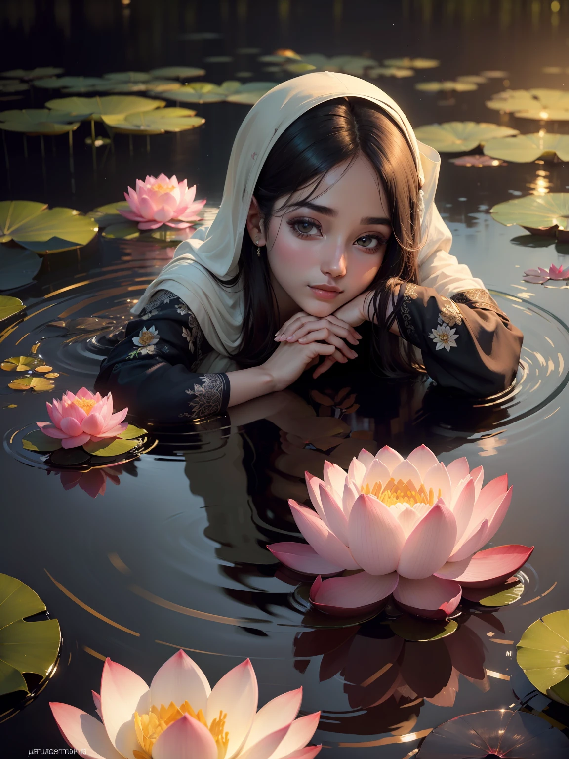 Beautiful as a blooming lotus in a moonlit pond, your face shines like a fresh ghazal promising melodies in a silent night sky. (Best quality, high resolution, vibrant colors, natural lighting, close-up shot, subtle yet confident expression, flowing clothing, peaceful background)