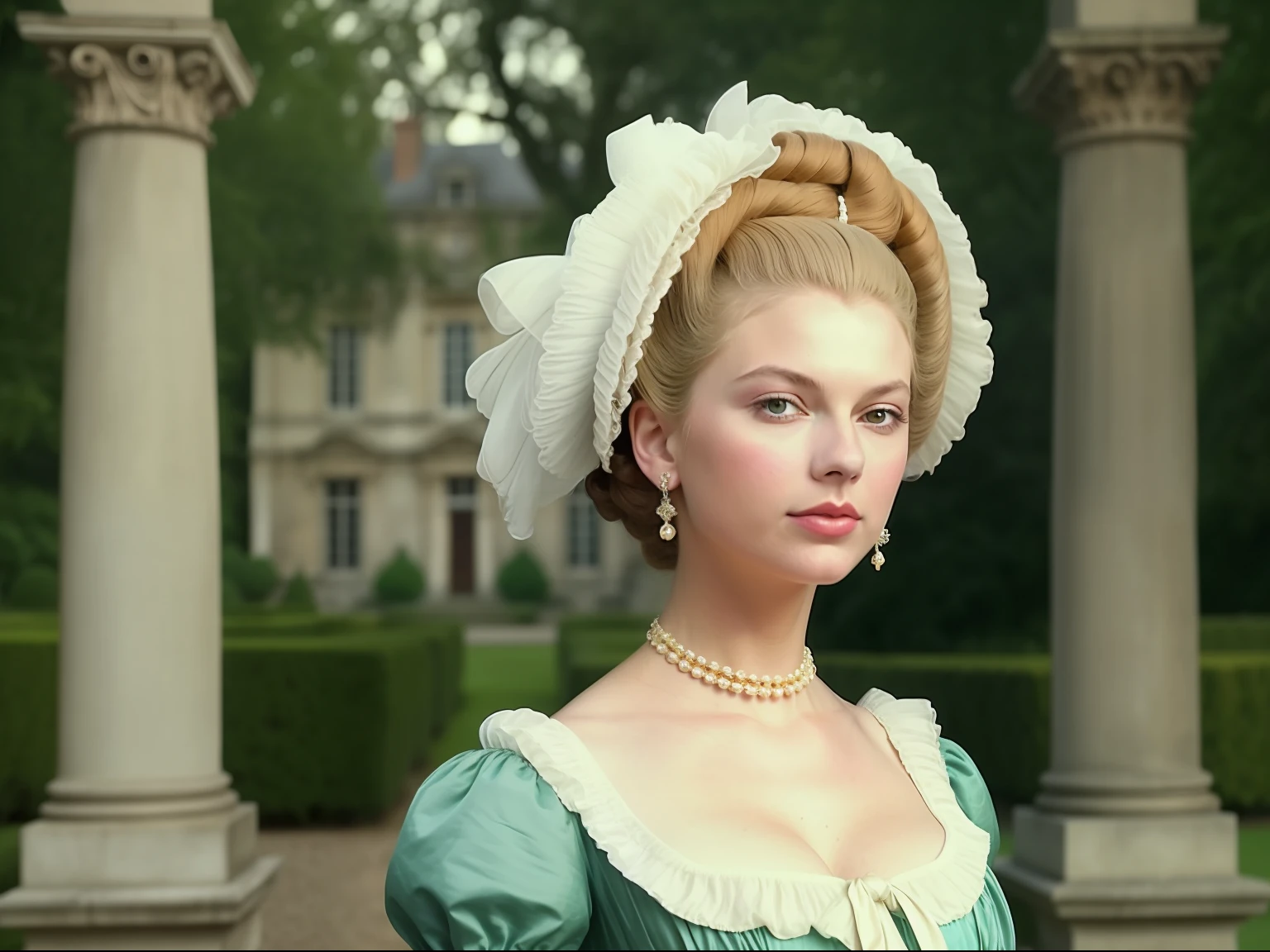 close up, the 90s scene movie, a noble lady wearing Lunardi hat with a Rococo coiffures and walking outside a garden in the 18th century in french, a screen shot by Victor Fleming, featured on tumblr, aestheticism, movie still, 1990s, look like Taylor Swift, film grain, fashion inspired by Marie Antoinette, regency era in French, rococo fashion