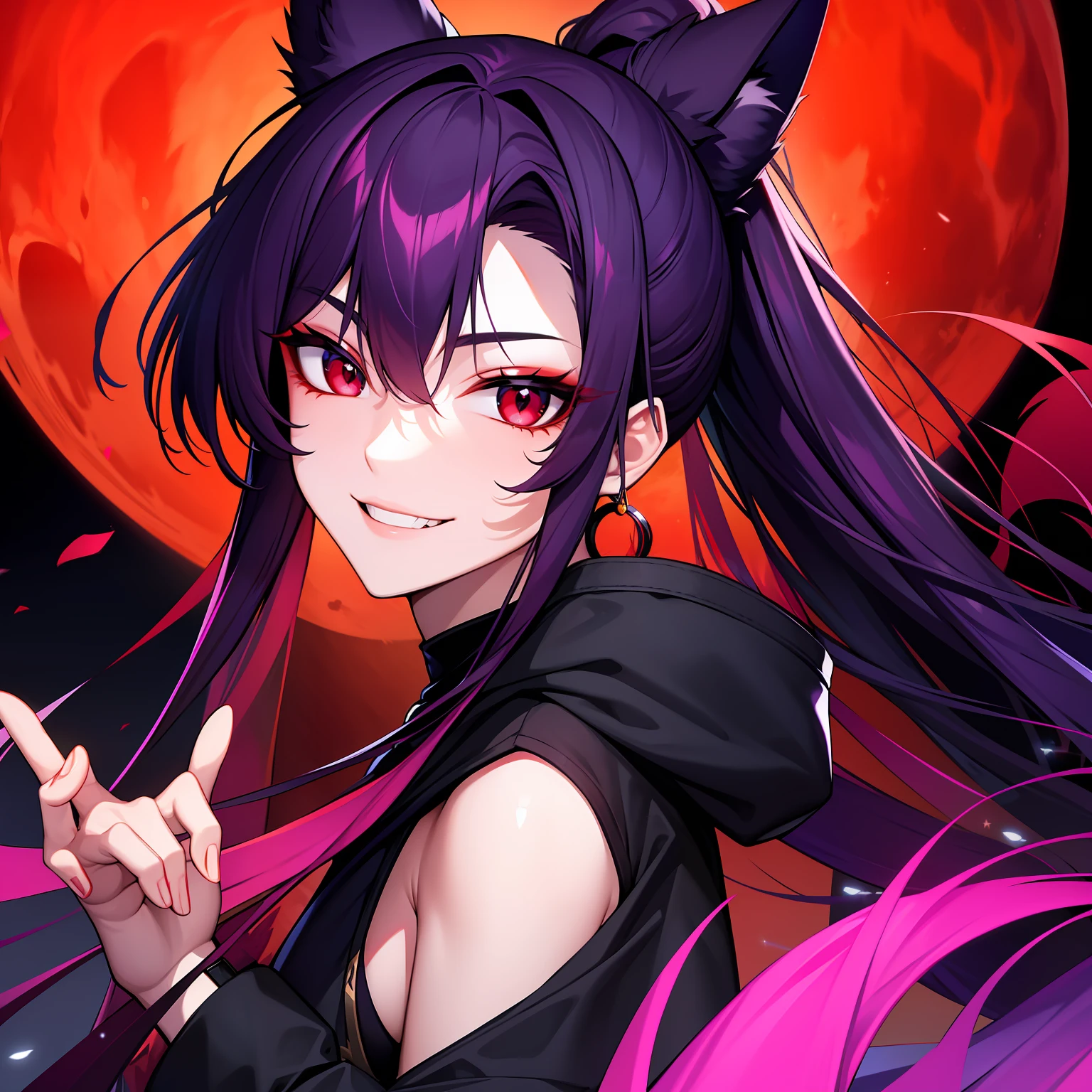 Young guy, pretty facial features, long dark purple hair, half gathered in messy ponytail, half loose, dangerous bright red eyes, black fit clothes with many jewels, fox ears and tail, mad smile, red moon