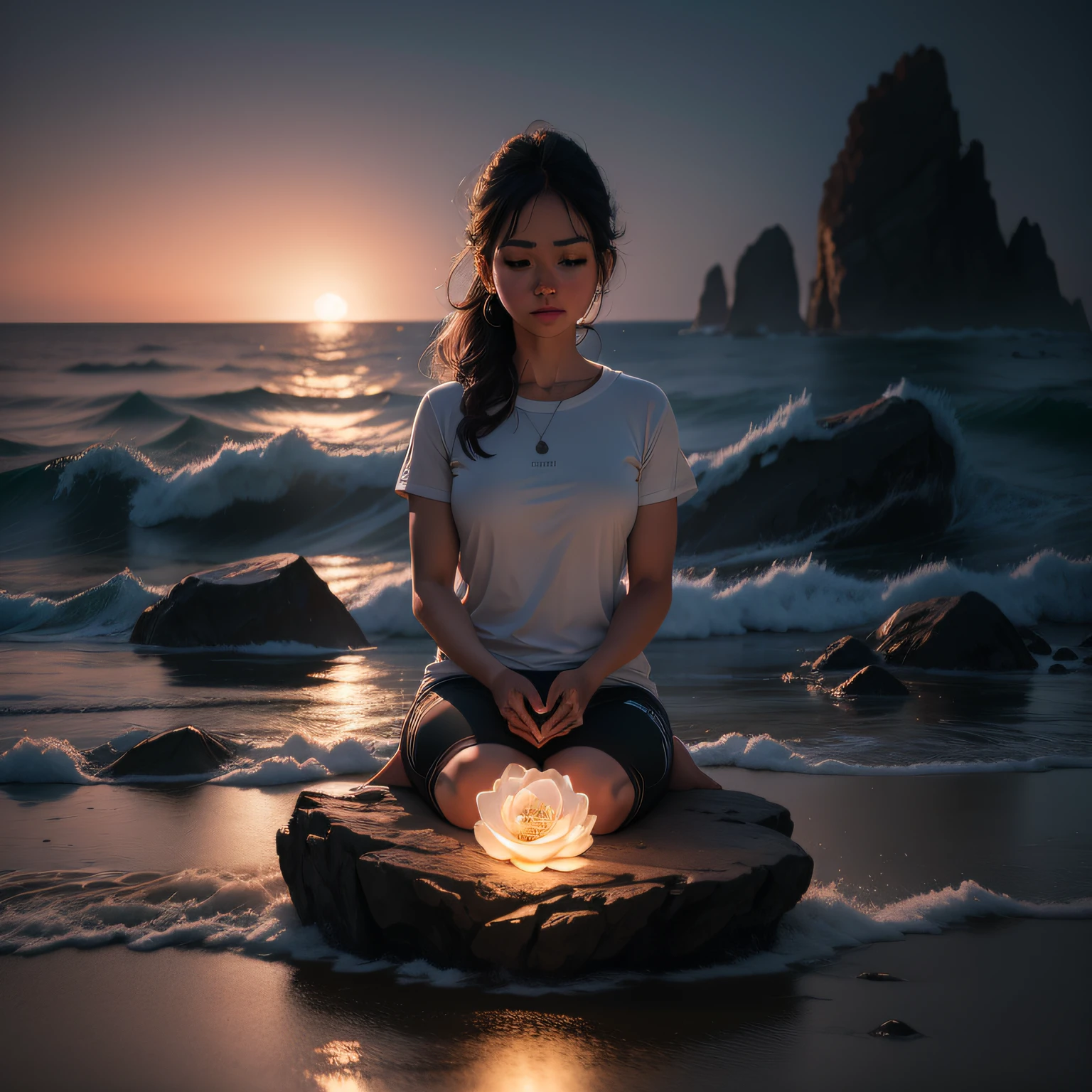 Foto ultra realista,cena cinematogafica, meditando em uma pedra em meio a um mar de tempestade, obra-prima, melhor qualidade, alta qualidade, papel de parede 8k de unidade CG extremamente detalhado, fotografia premiada, Bokeh, Depth of Field, HDR, bloom, chromatic aberration, fotorrealista, extremamente detalhado, trending on ArtStation, trend at CGSociety, intrincado, alto detalhe, dramatic, arte no meio da jornada, volumeric lighting