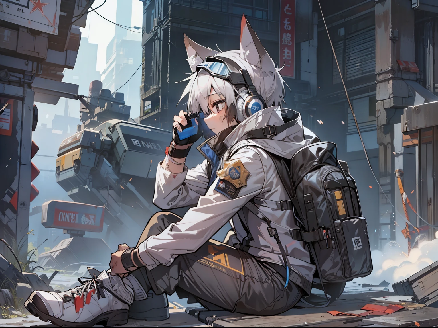 Game CG，8K quality，((younge boy))，juvenile sense，Anime male protagonist，Wolf ears，Wolf tail，agony，goggles，Tech earmuffs，White all-in-one mech set，White armored gloves，Racing boots，ventania，Light effects，Full body like，injury，Sit down，Hand on the ground，Battle damage，Defeat，dying，Alone