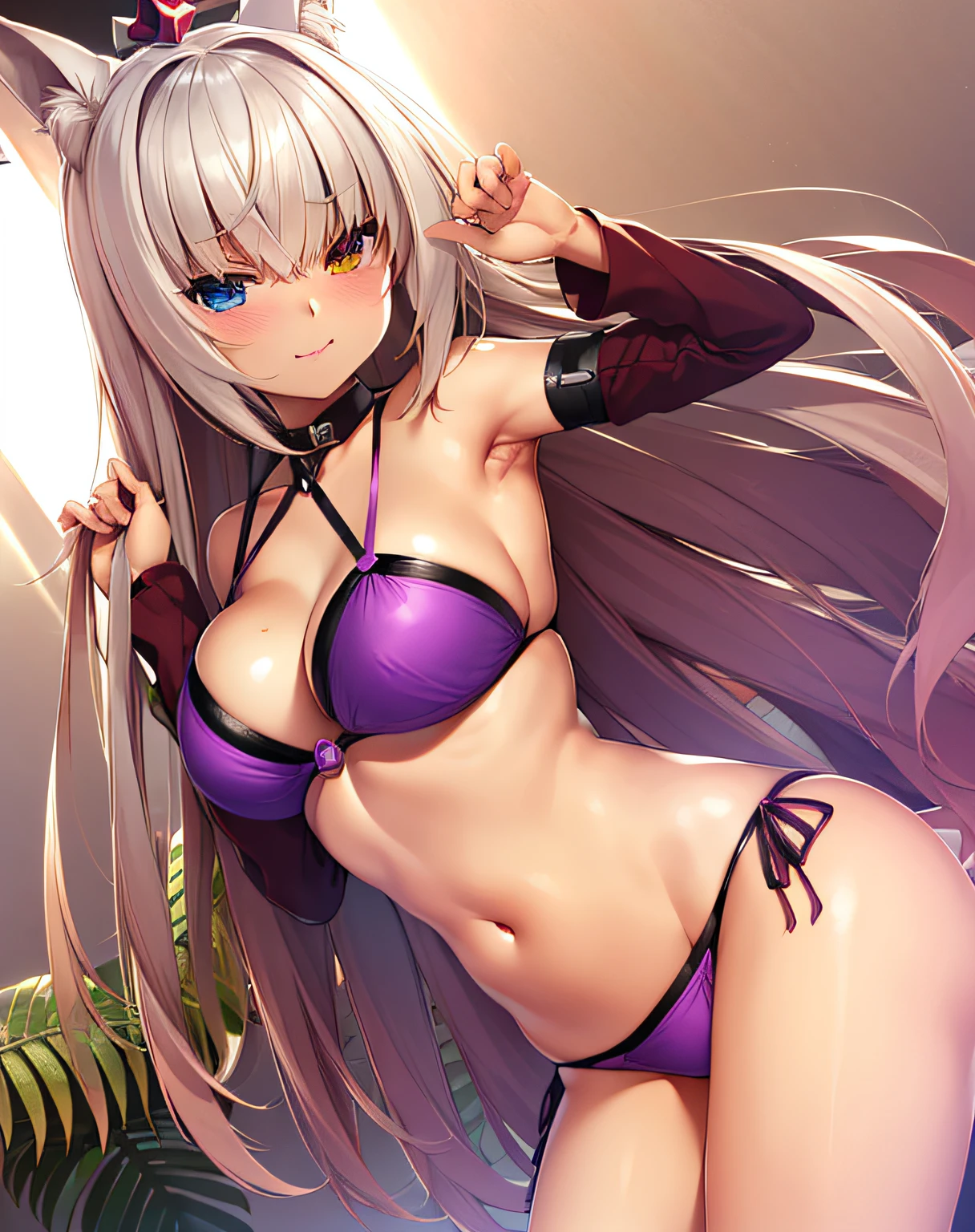 ((master part)), ((best quality)), ((Altas)), ((extremamente detalhado CG unidade 8k papel de parede)), sozinho, Coco_Someone, heterocromia, Praia, purple bikini, Cauda fofa, sorrir, :3, clivagem, seios grandes, cabelo colorido