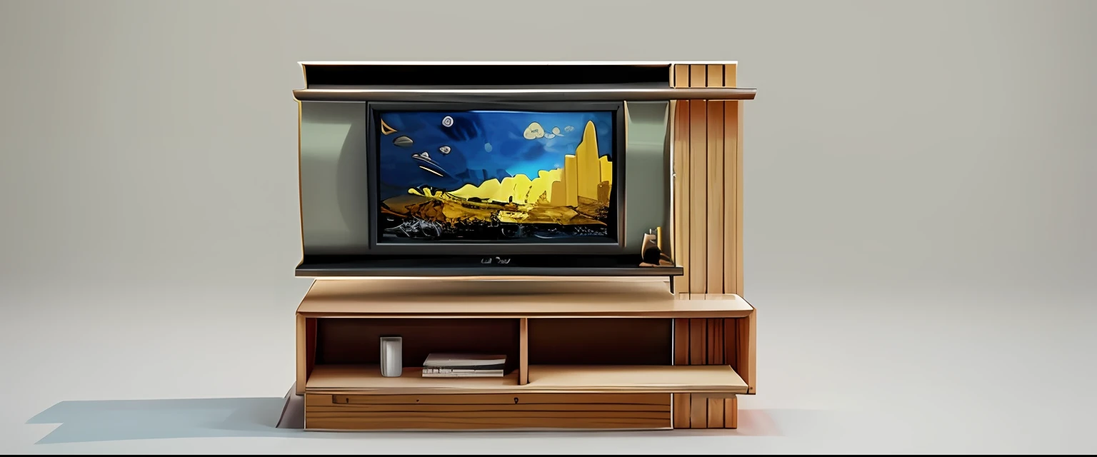A rendering of a TV stand with a painting on it, TV frame, cenografia detalhada, Detailed rendering, desenho conceitual, cenografia, tiro largo, inspirado em Reinier Nooms, Back of scenographic elements, 2 d render, concept illustartion, centrado no painel, detailed 2d illustration, tv, inspirado em Louis Eilshemius, digital panting