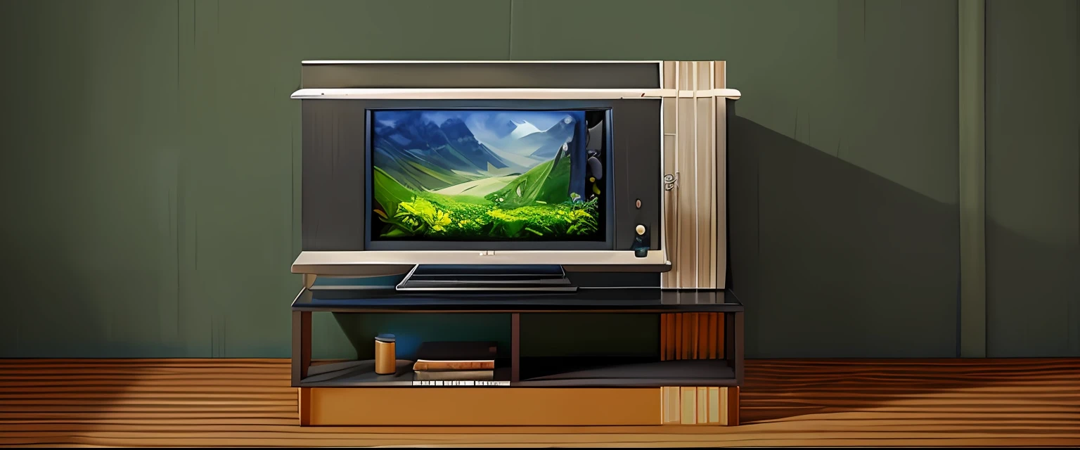 A rendering of a TV stand with a painting on it, TV frame, cenografia detalhada, Detailed rendering, desenho conceitual, cenografia, tiro largo, inspirado em Reinier Nooms, Back of scenographic elements, 2 d render, concept illustartion, centrado no painel, detailed 2d illustration, tv, inspirado em Louis Eilshemius, digital panting