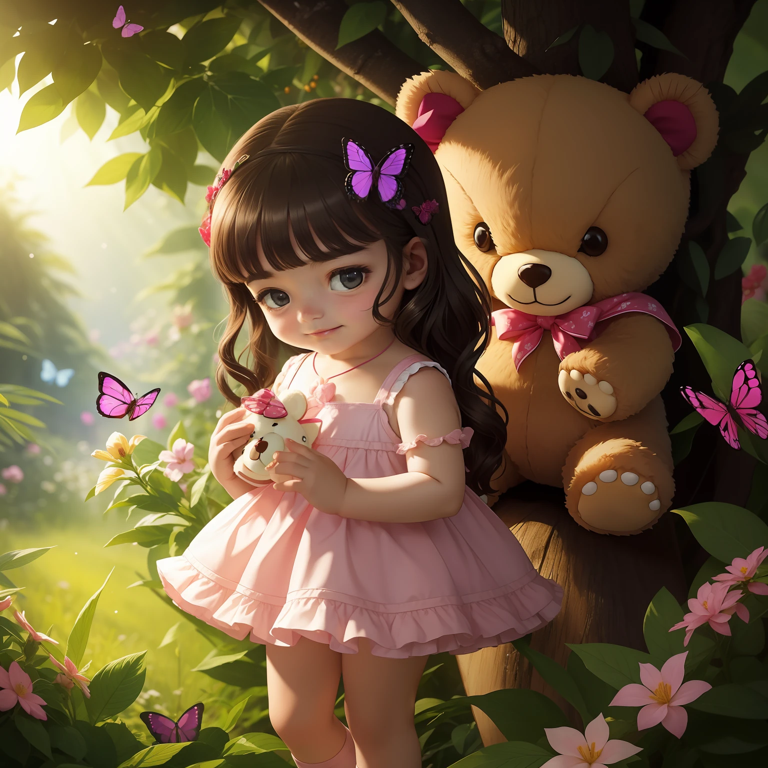 a teddy bear holds a *********** by the hand as they cross a wood with many butterflies and flowers, from the trees hang like fruits, sweets, sugar canes, chocolate, pink cotton candy. slices of licorice, smile,