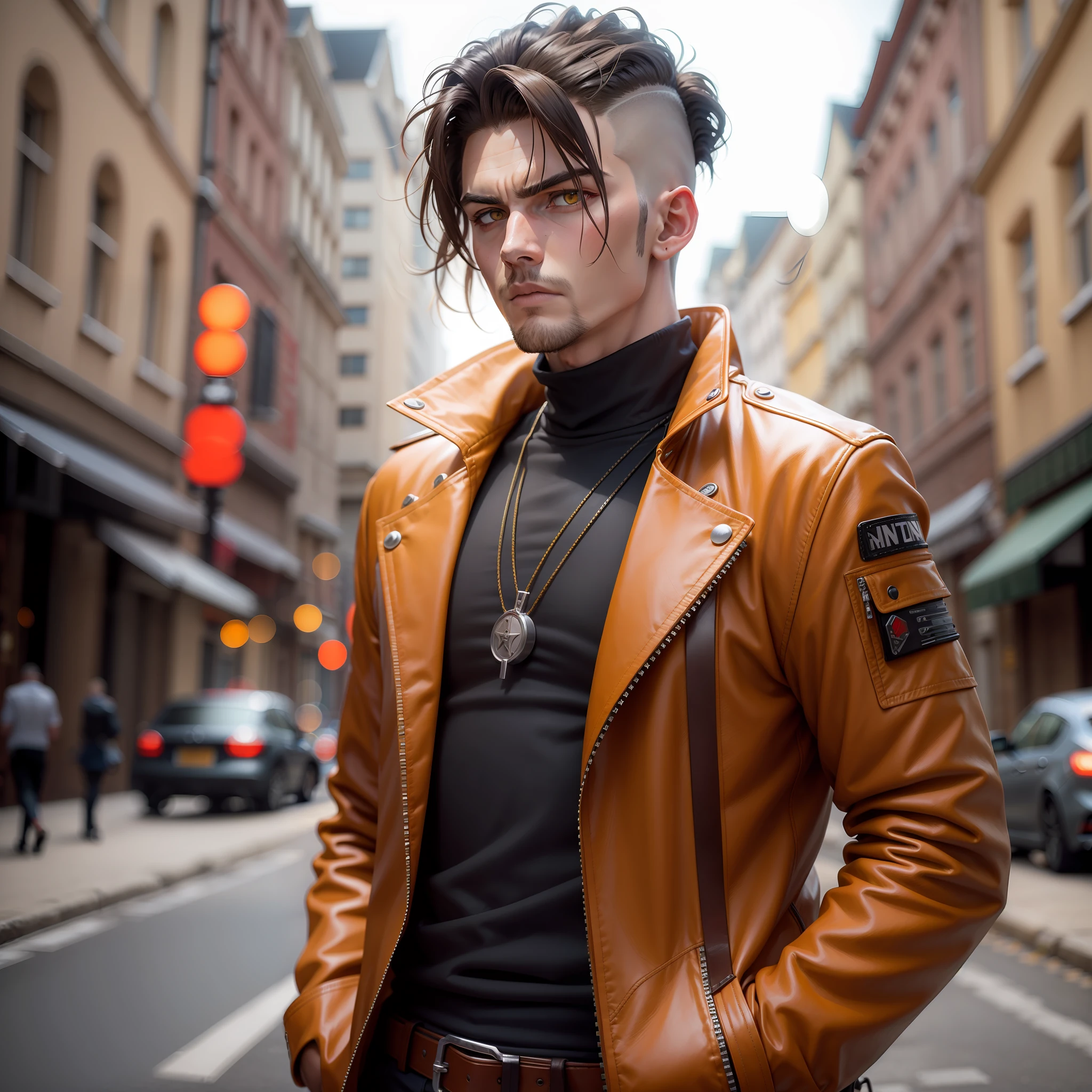 Nordic man standing on the street with undercut haircut and yellow and red leather jacket and hair, Portrait of a Bloody Hunter , Badass anime 8k