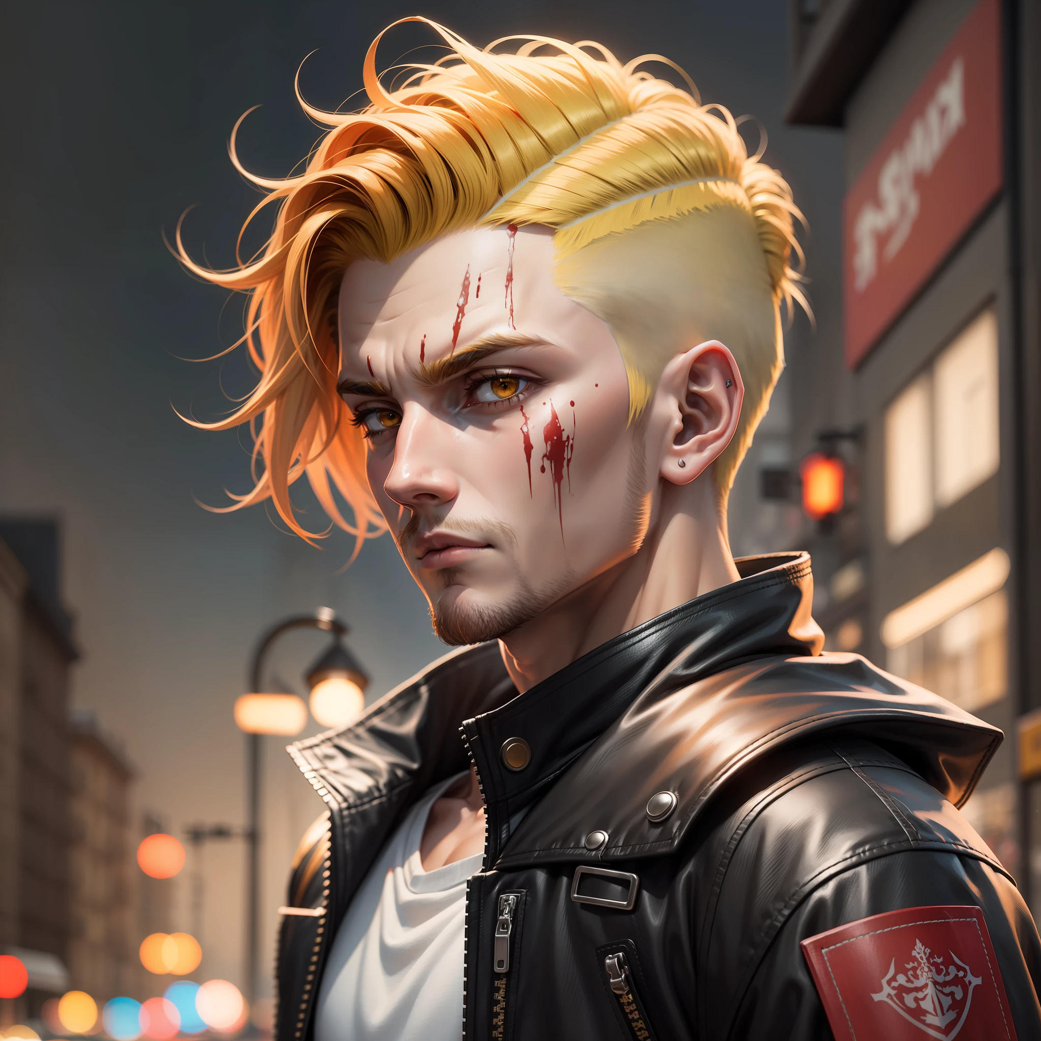 Nordic man standing on the street with undercut haircut and yellow and red leather jacket and hair, Portrait of a Bloody Hunter , Badass anime 8k