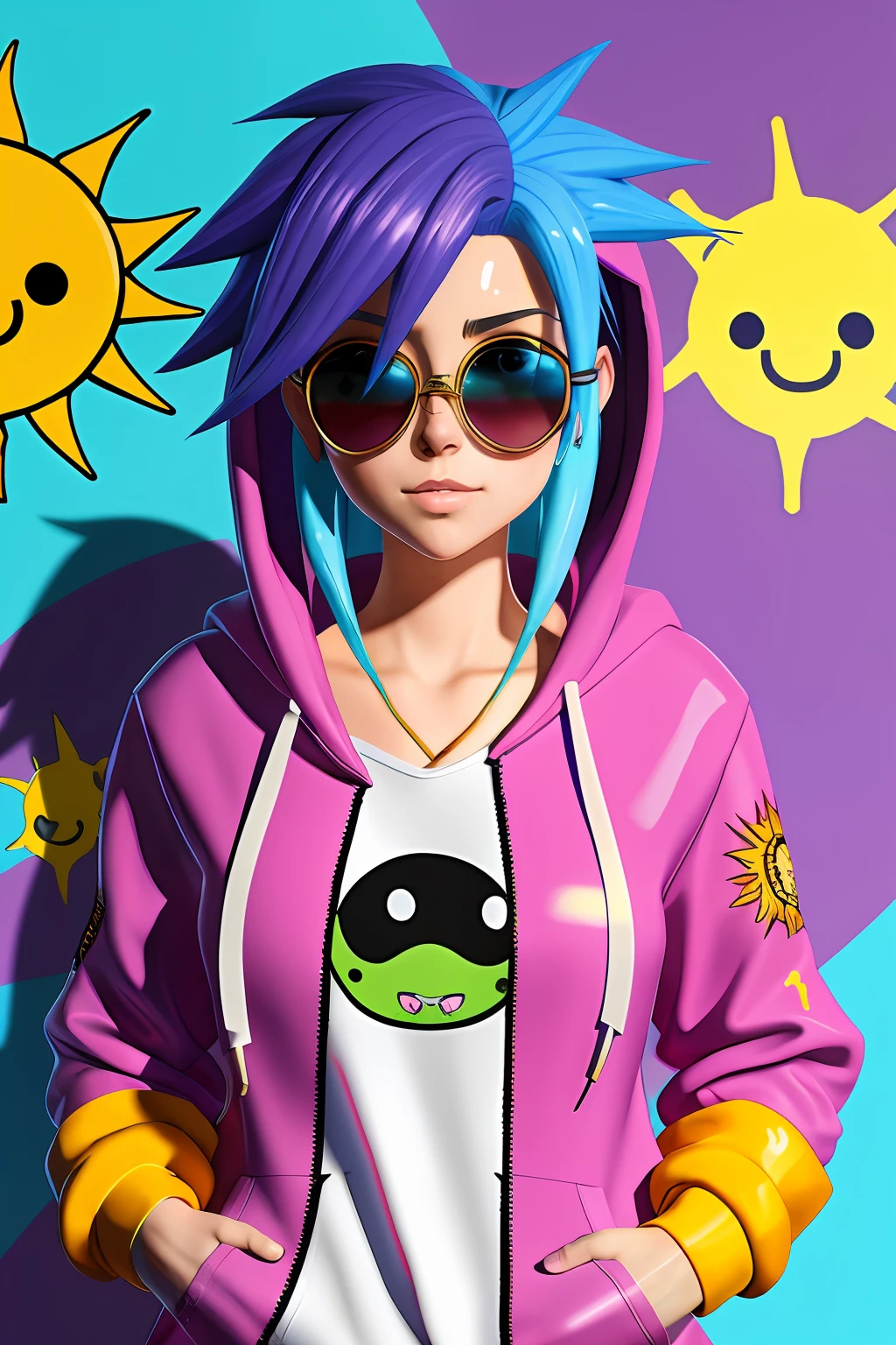 Beautiful girl, wearing hoodie, wearing sun glasses, purple blue hair, Anime style slime punk, graffitipaint on the background, correct anatomy, correct form, highly detailed, high quality, best resolution, 8k, HD, trending on artstation, masterpiece