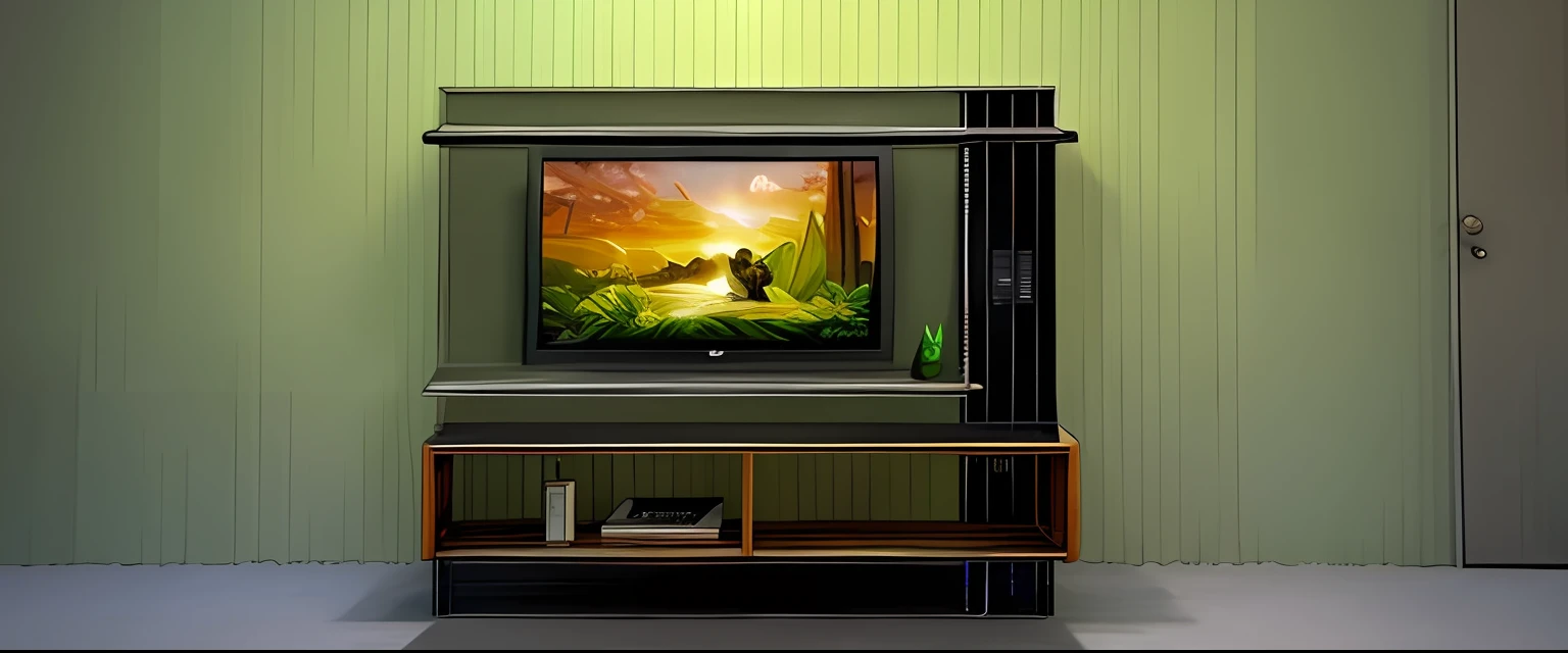 A rendering of a TV stand with a painting on it, TV frame, cenografia detalhada, Detailed rendering, desenho conceitual, cenografia, tiro largo, inspirado em Reinier Nooms, Back of scenographic elements, 2 d render, concept illustartion, centrado no painel, detailed 2d illustration, tv, inspirado em Louis Eilshemius, digital panting