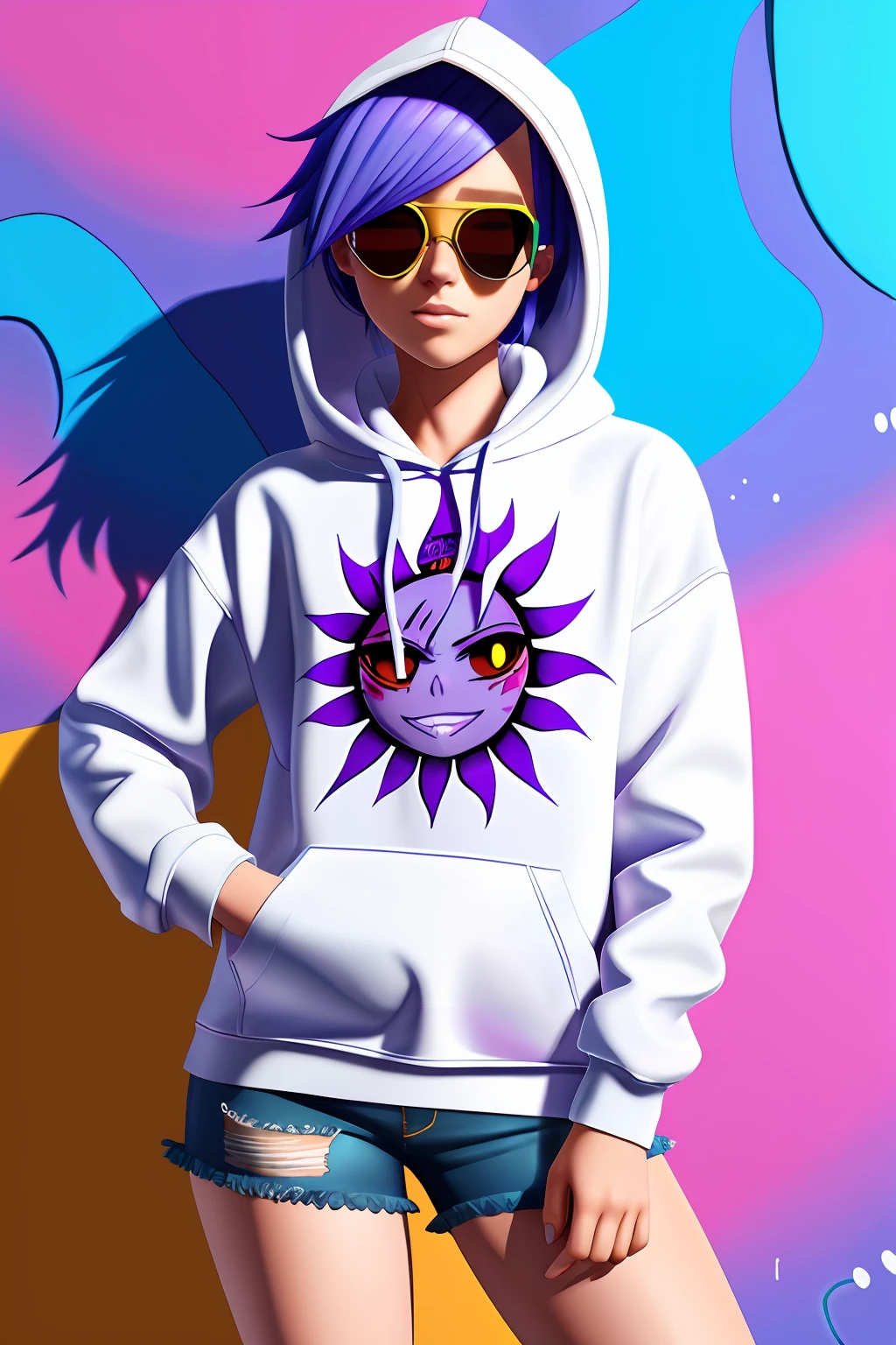 Beautiful girl, wearing hoodie, wearing sun glasses, purple blue hair, Anime style slime punk, graffitipaint on the background, correct anatomy, correct form, highly detailed, high quality, best resolution, 8k, HD, trending on artstation, masterpiece