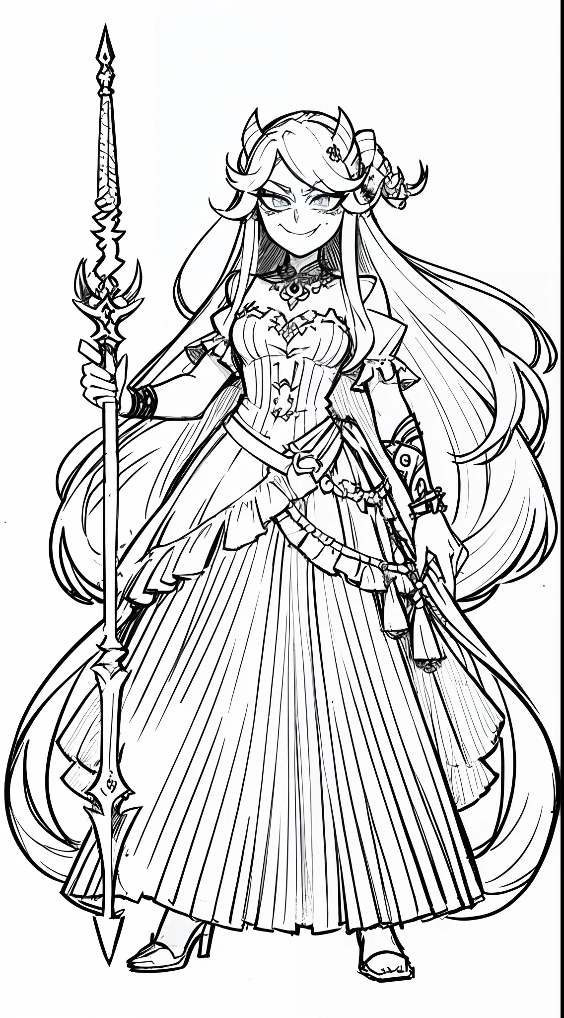 (Full Body: 1.2), white background, monochrome, line drawing, ((sketch)), long hair, jewelry, badass, antagonist, cute, smug, smile, rolling eyes, jewelry, dress, goat horn, weapon, trident