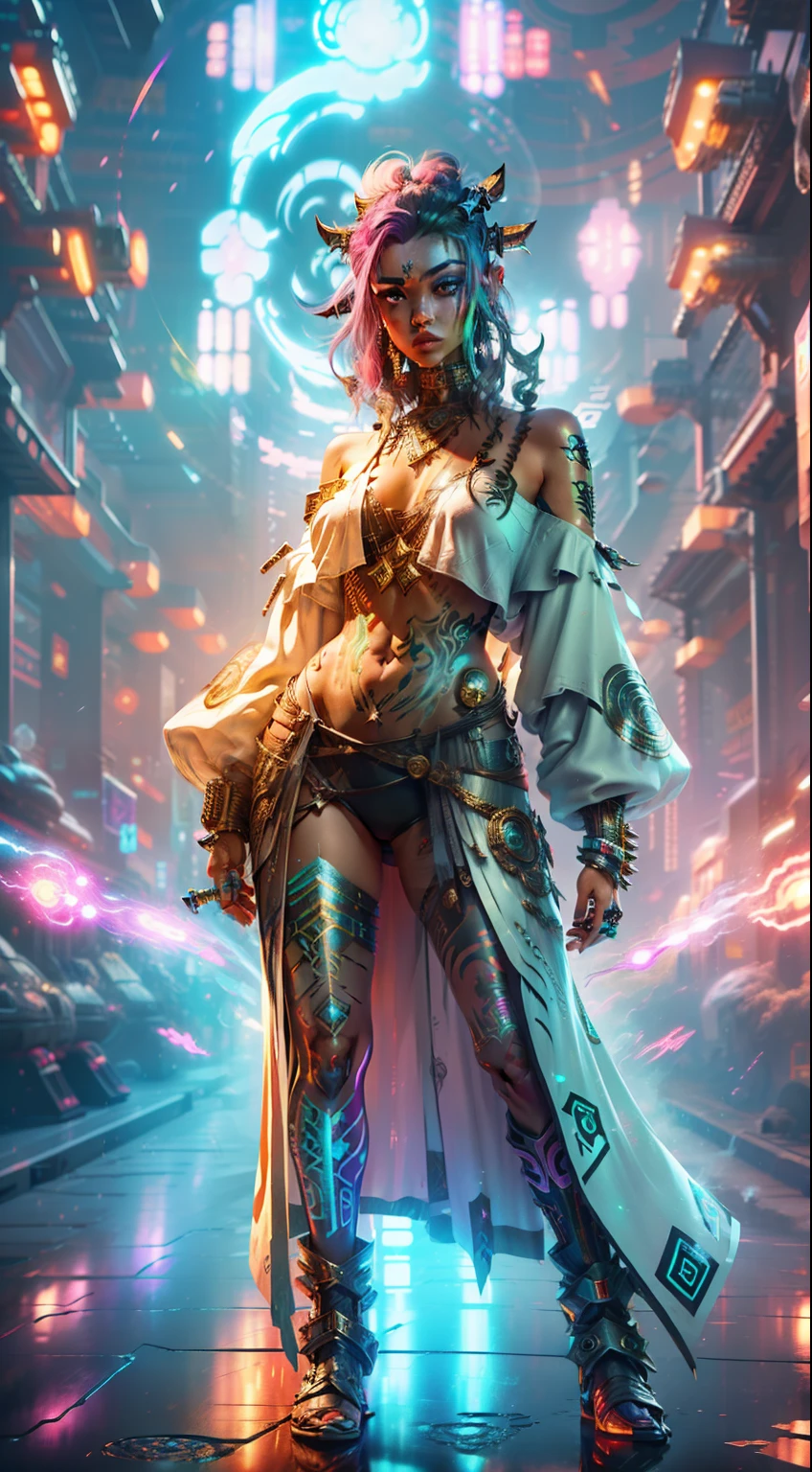 ((cyberpunk goddess)), ((rainbow shiny face paint)), (intricate tattoos), ((ornate jewelry)), ((rainbow hair)), (((laser colors:1.1))), (((colorful smoke))), ((ultra-sharp details)), ((stars)), (((shimmering shine effect:1.2))), (((sharp focus))), (((full body:1.3))), udr, uhd, SFX, 32k, Feast your eyes on the number, Realistic execution of the photo, Award-winning level + Playing the best visuals, Perfect shooting, Get an eye-catching movie poster! Clear Focus, Depth of field.