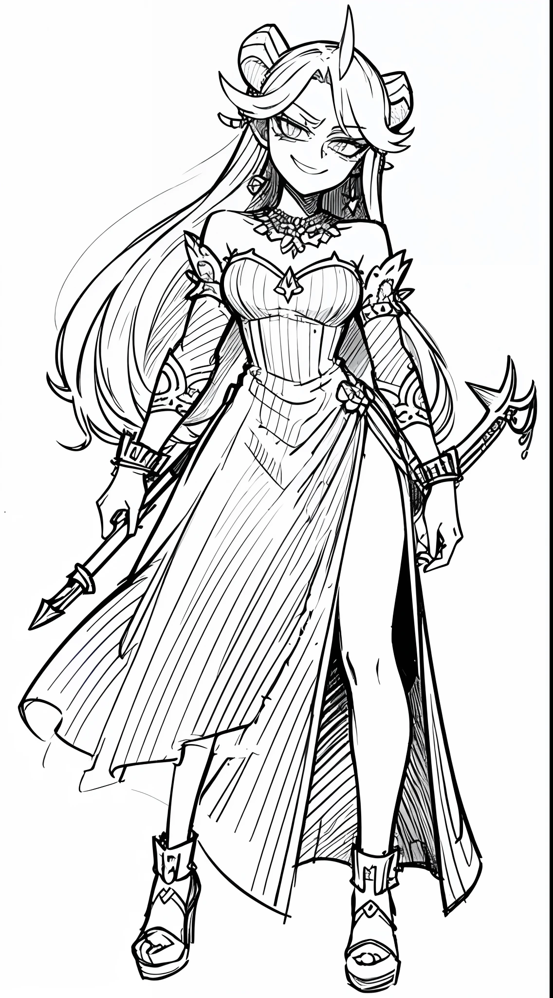 (Full Body: 1.2), white background, monochrome, line drawing, ((sketch)), long hair, jewelry, badass, antagonist, cute, smug, smile, rolling eyes, jewelry, dress, goat horn, weapon, trident