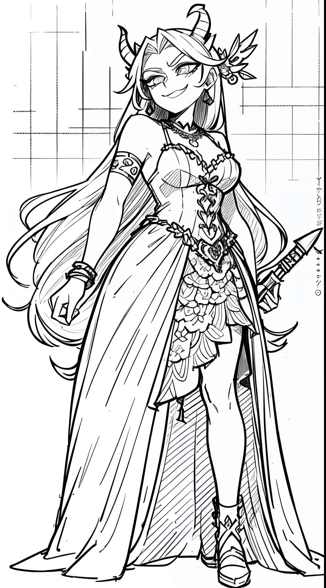 (Full Body: 1.2), white background, monochrome, line drawing, ((sketch)), long hair, jewelry, badass, antagonist, cute, smug, smile, rolling eyes, jewelry, dress, goat horn, weapon, trident