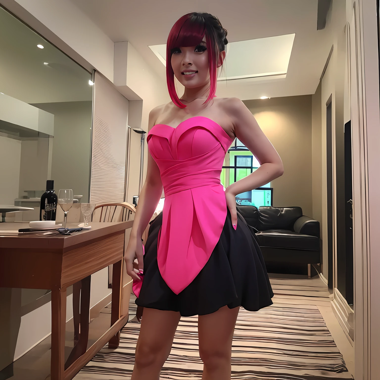 woman, Wearing hot pink dress, standing the house, beautiful face, perfect face, red nails, smile, half body, black long bangs hair, beautiful eyes, masterpiece, best quality, photorealistic