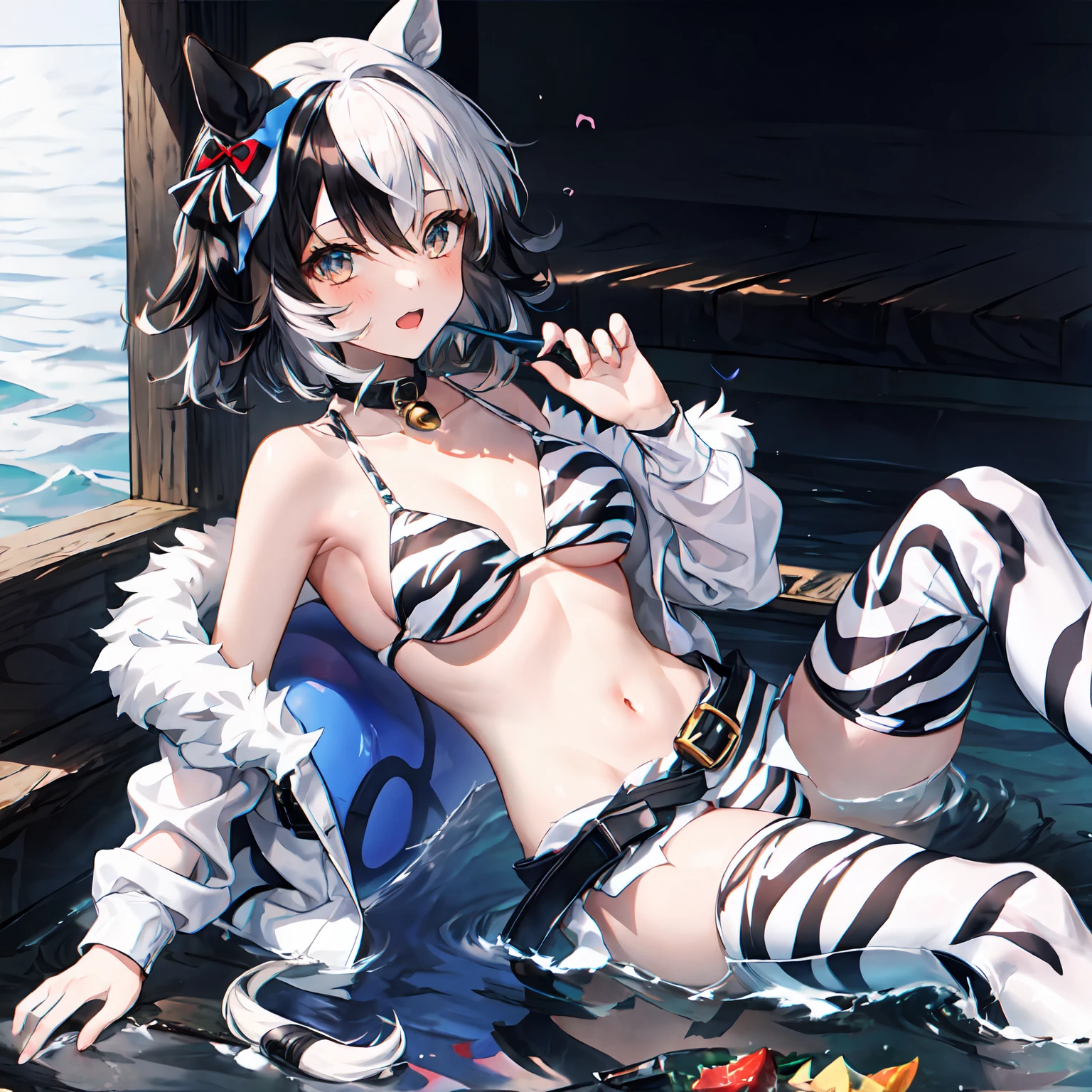 1girl,Solo,Umamusume,Zebra_print,White_eyes,multicolored_hair,messy_hair,(White_hair),Black_hair,Short_hair,Black_Shirt,Belt,Neck_bell,sea,bikini,nsfw