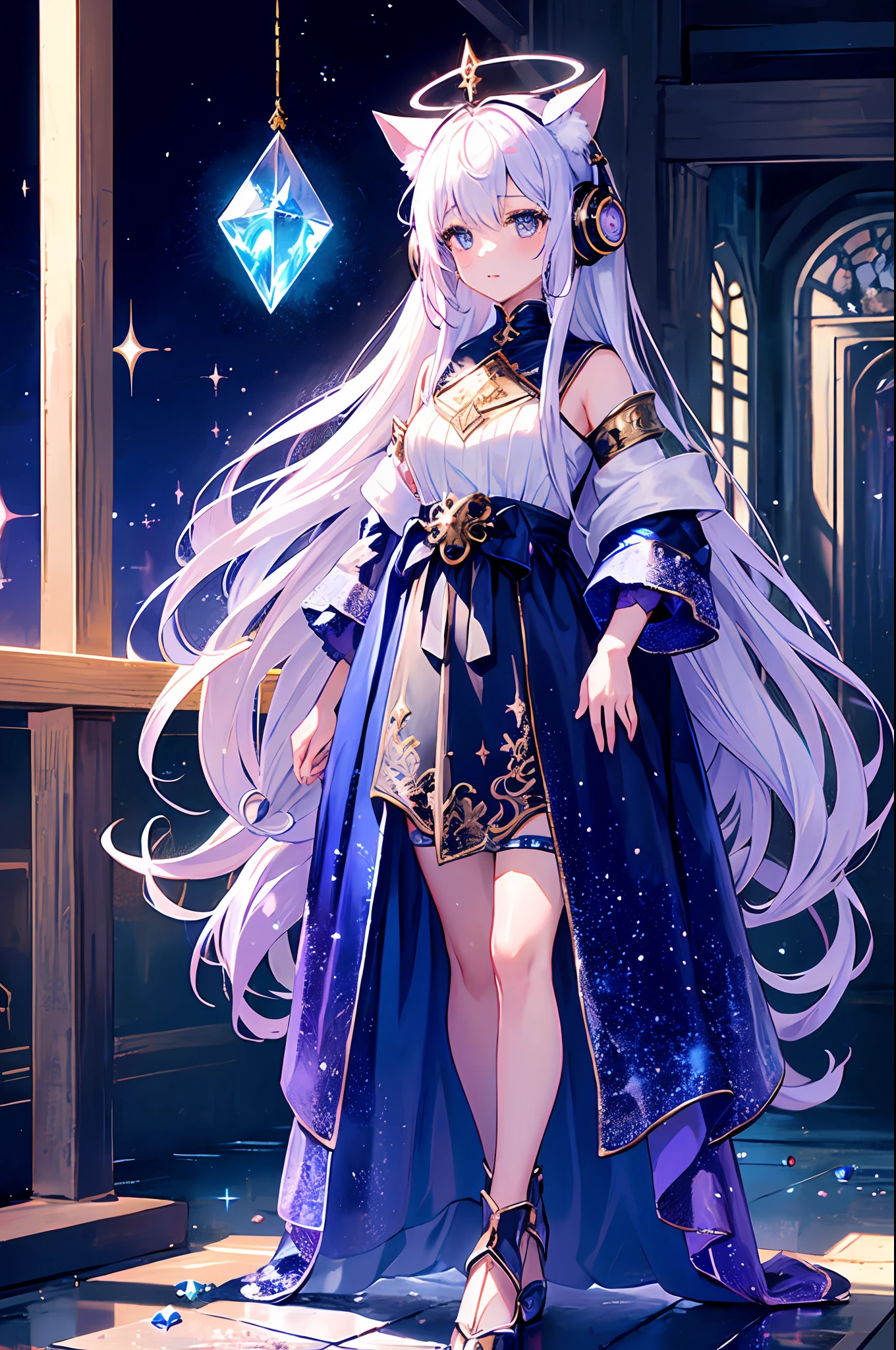 (masterpiece, best quality), intricate details, 1girl, pointy long animal ears, tail, bubbles, soapy bubles, prisms, lighting effect, floating halo glowing over her head, godly, comfy clothes, modern outfit, in an abandoned room,hand in pocket, headphones, long hair, fantastic futuristic, fantasy, rpg, jrpg, game