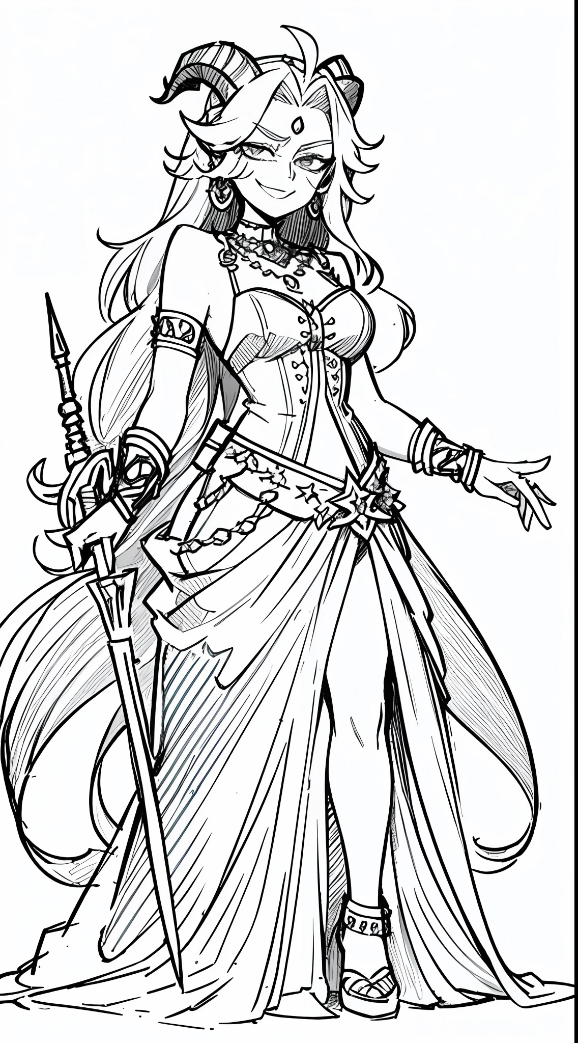 (Full Body: 1.2), white background, monochrome, line drawing, ((sketch)), long hair, jewelry, badass, antagonist, cute, smug, smile, rolling eyes, jewelry, dress, goat horn, weapon, trident