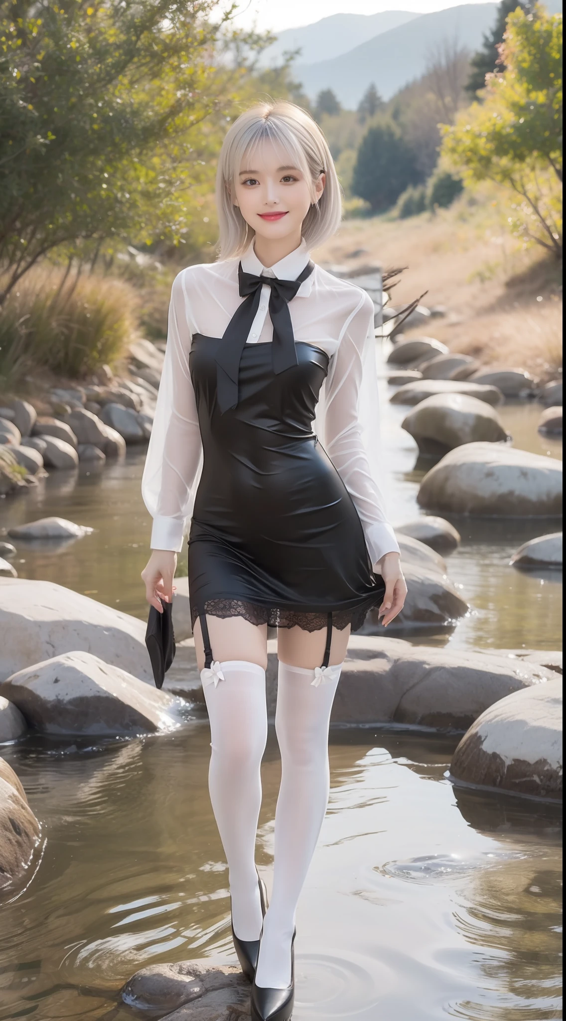 (true to life,Photorealistic 1.5),((best qualtiy, 8K, tmasterpiece:1.3)),SLR camera (二重まぶた,largeeyes:1.3),(smile1.5),(Full body photo 1.5)(One person 1.5)Clear focus 1.2, Perfect body beauty:1.4 , Delicate skin1.1,(Silvery-white hair 1.5),(Delicate facial features1.4),(Pure desire 1.3)(Clear black one-piece stockings 1.5)(The leg length is one meter two,1.5),White shirt,Bow tie,Black lace dress,Slender legs,Platform shoes with a round toe,Standing on the side of the mountain stream