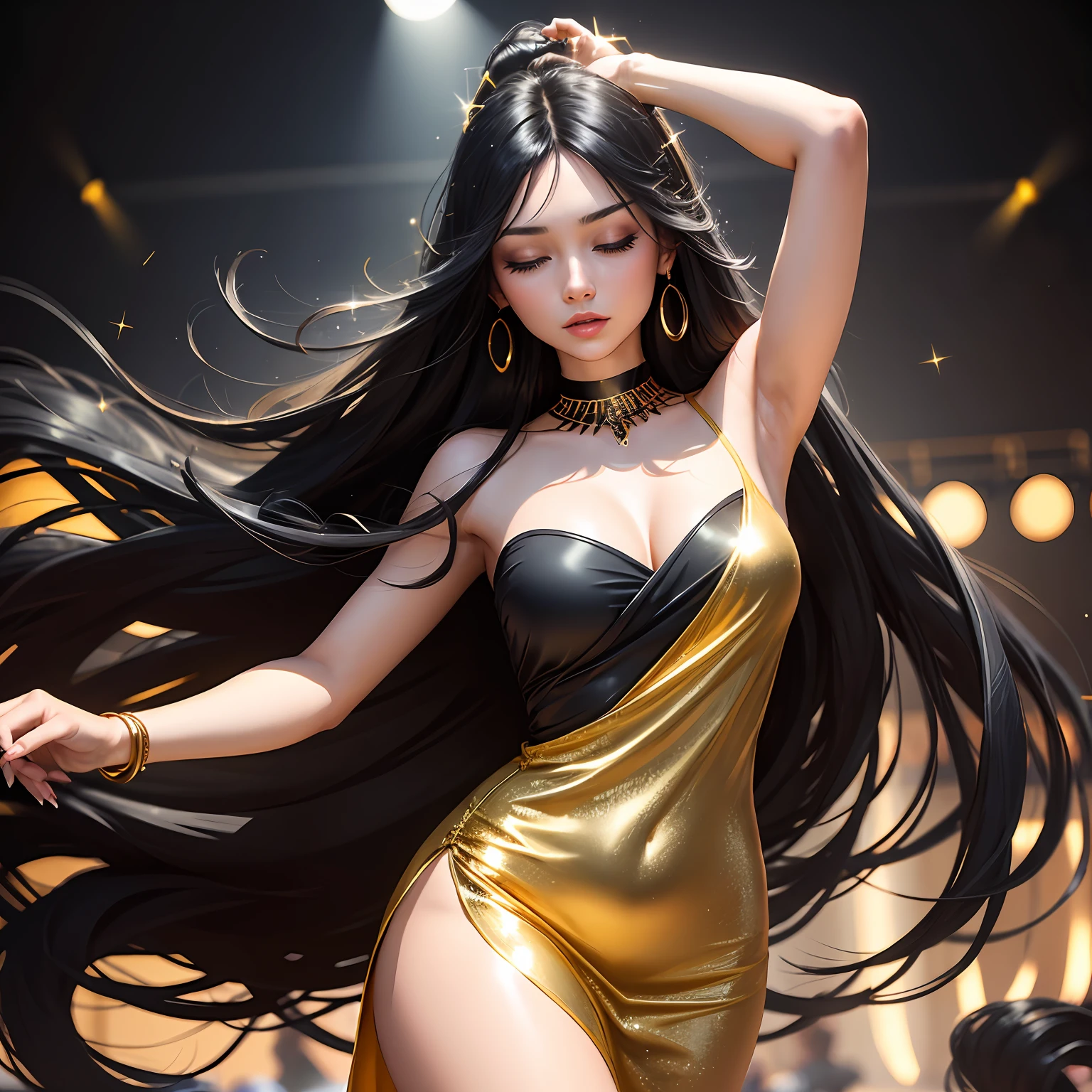 Woman, party, stylish, long black hair flowing in the wind, closed eyes, lots of makeup, dancing, sparkly gold short dress, lots of lights in the background