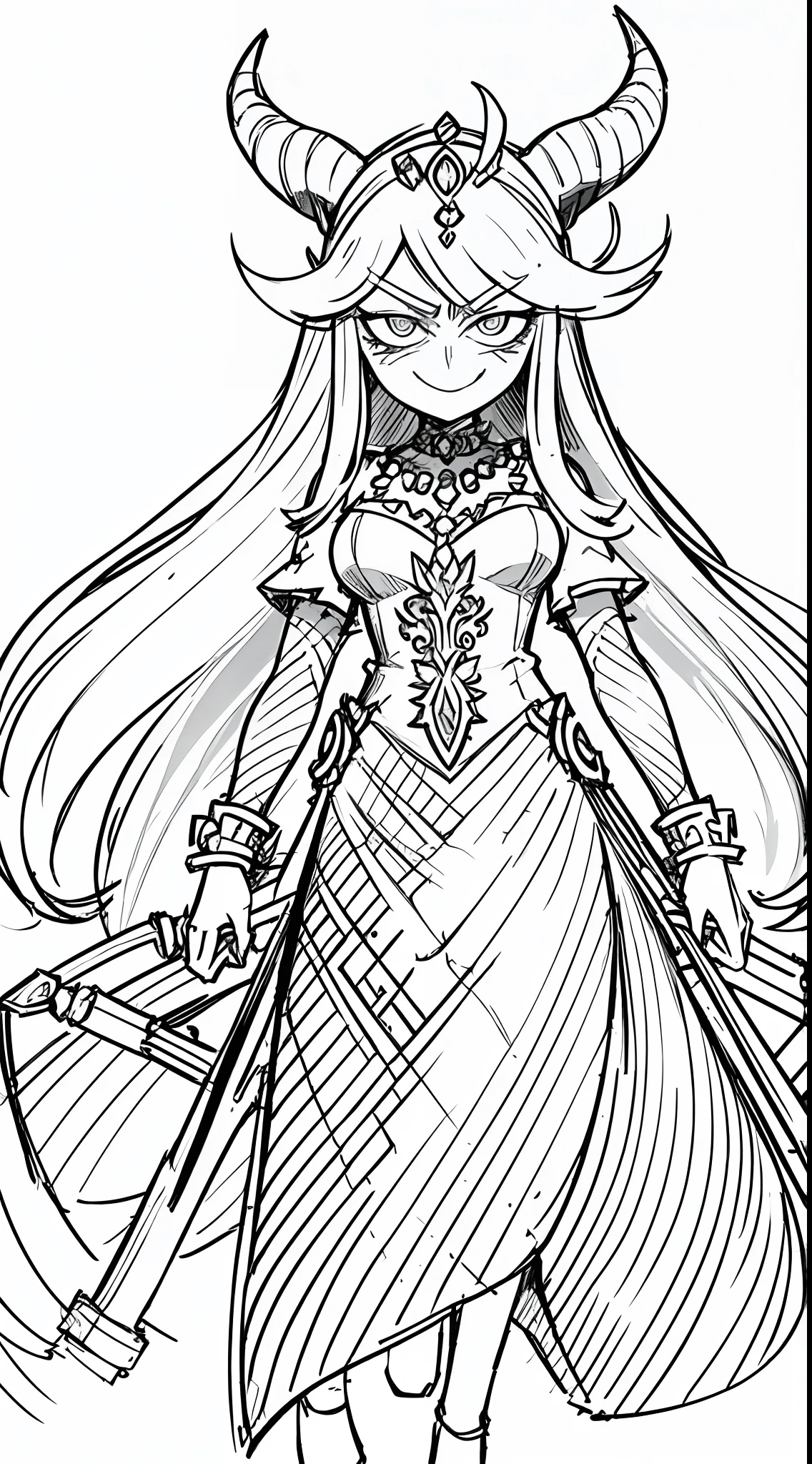(Full Body: 1.2), white background, monochrome, line drawing, ((sketch)), long hair, jewelry, badass, antagonist, cute, smug, smile, rolling eyes, jewelry, dress, goat horn, weapon, trident
