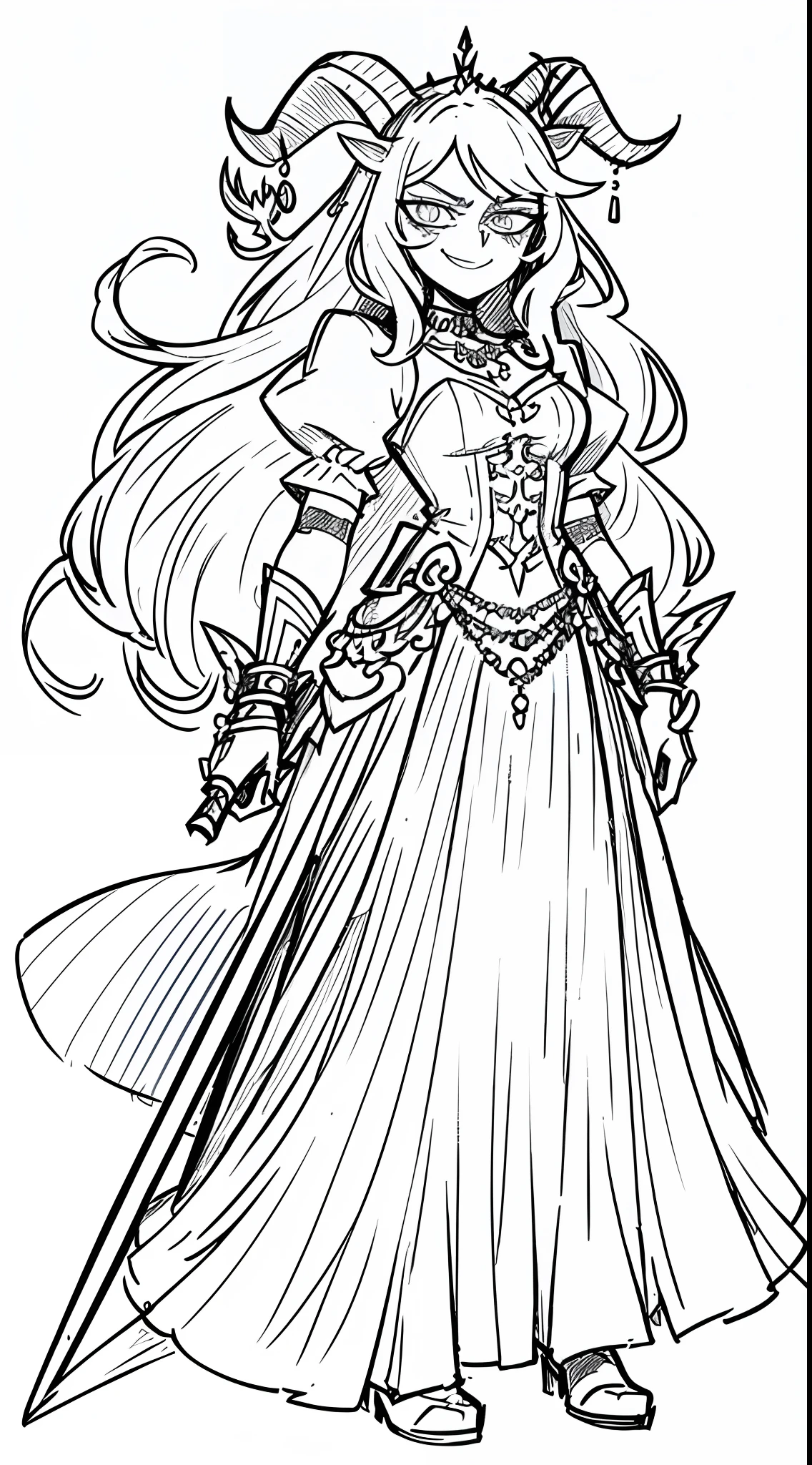 (Full Body: 1.2), white background, monochrome, line drawing, ((sketch)), long hair, jewelry, badass, antagonist, cute, smug, smile, rolling eyes, jewelry, dress, goat horn, weapon, trident