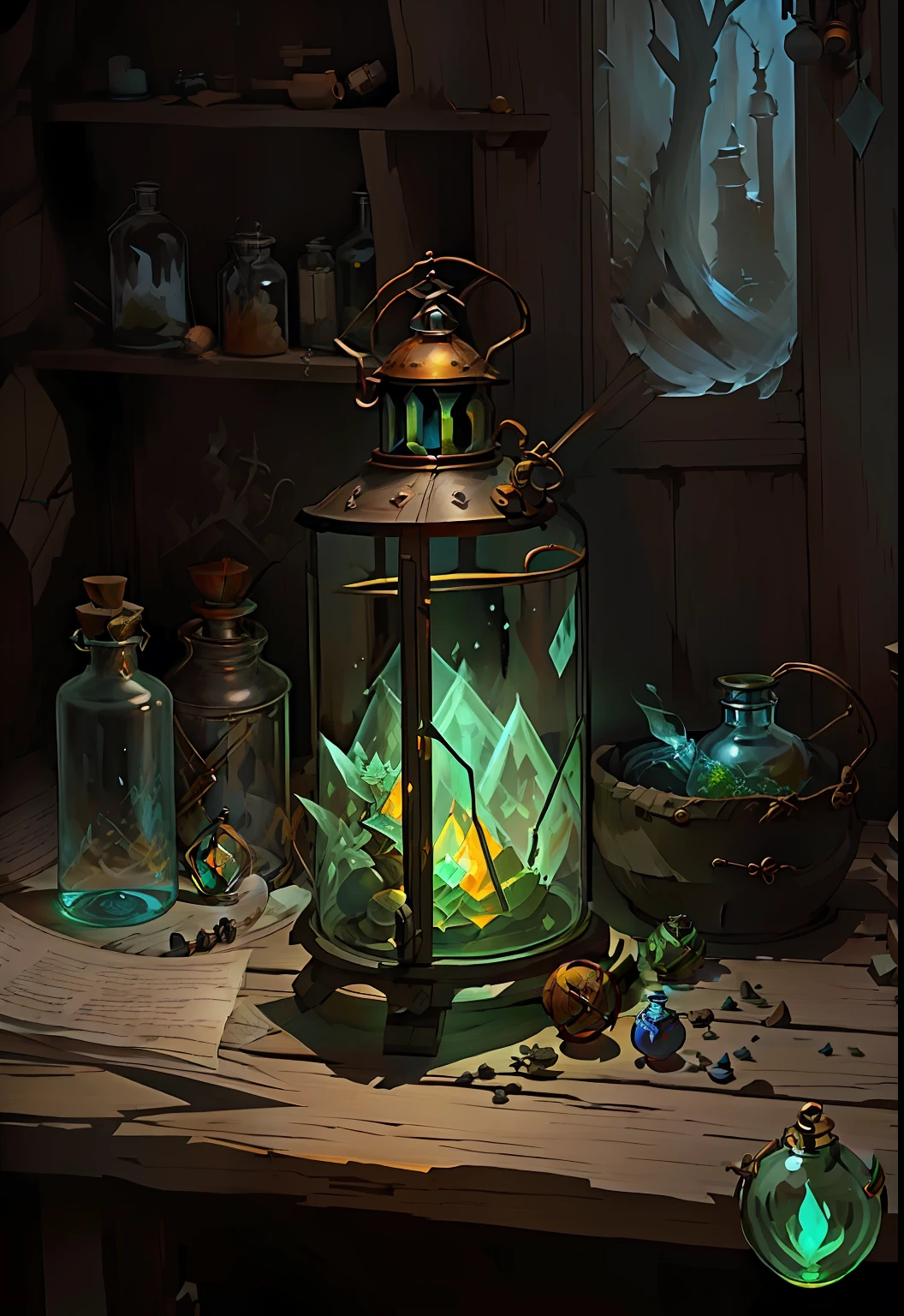 there is a glass lantern sitting on a table, painting of one health potion, potion of healing, a wizard's apothecary, brewing potion in witch hut, apothecary, making a potion, alchemy concept, potion, fantasy alchemist laboratory, fantasy oil, alexey egorov, magic laboratory setting, alchemy laboratory