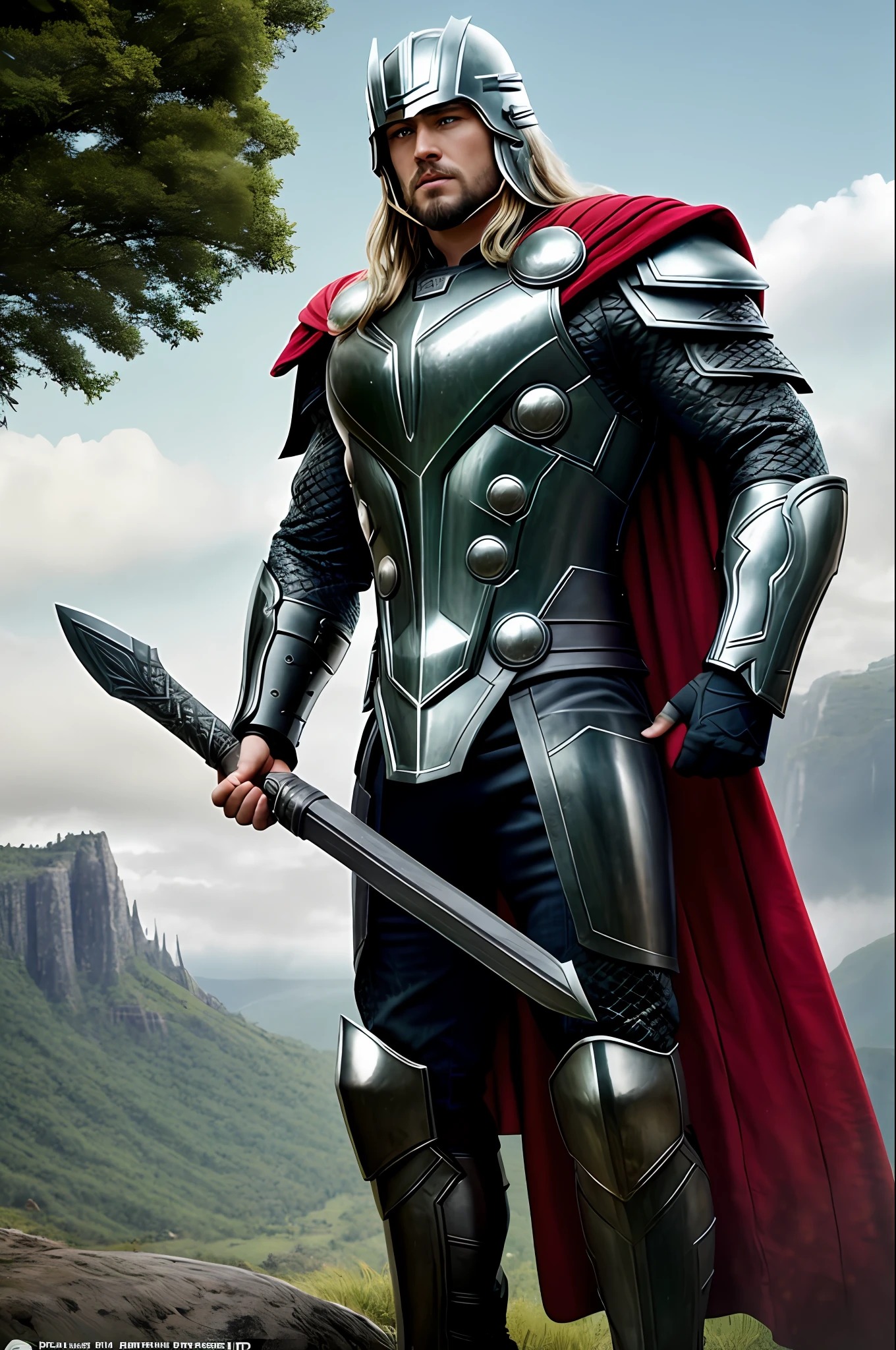 Thor a brutal Norse warrior, wearing intricate steel armor, segurando o machado de batalha e um escudo, wearing a battle helmet mountainous landscape with few trees in the background, magical aura, heroic pose, estilo de fantasia, octane rendering, volumeric lighting, 8k high-definition, altamente detalhado, trending on ArtStation, centralizado