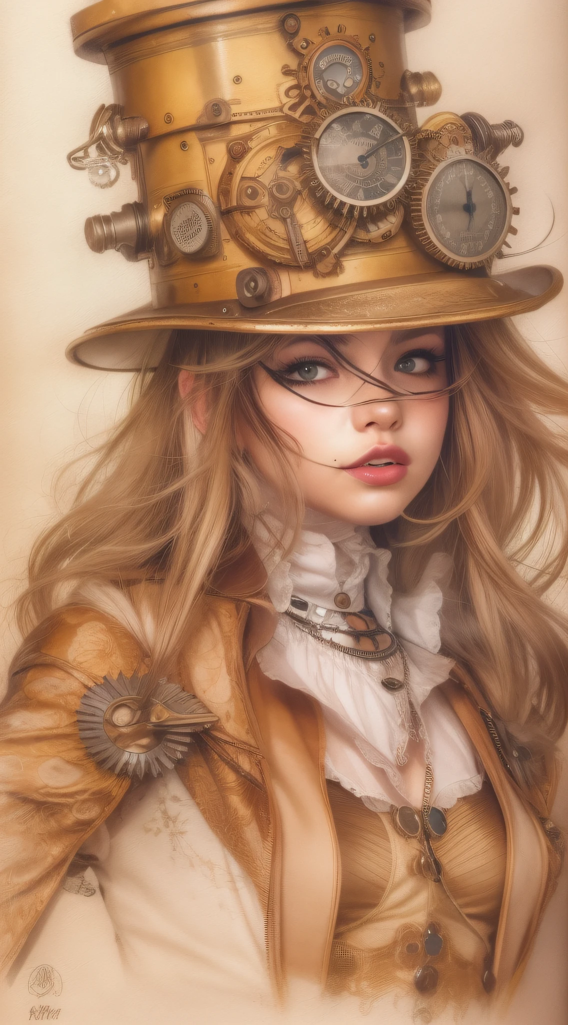 menina Steampunk, vindima, Dynamic，Pose atraente, corpo inteiro, pequeno sorriso, cabelos longos, rosto inconstante, anatomia perfeita,beautiful face, Impeccable Art Line, Aquarela, colored pencils, alta qualidade, detalhe, fundo amplo, perfeito para reservar, Steampunk, anatomia perfeita, Centrado, Approaching perfection, Dynamic, altamente detalhado, pintura em aquarela, master part, arte em aquarela, luz natural, Complexo, elegante, corpo inteiro, tiro de corpo inteiro, Color Parts, Sketchbook, Hand drawn, Escuro, Granulado, realistic sketch, rough sketch, folha de caracteres, corpo inteiro, Bonito e deslumbrante corpo inteiro, corpo inteiro detalhado, (((tiro de corpo inteiro)))), realistic illustration