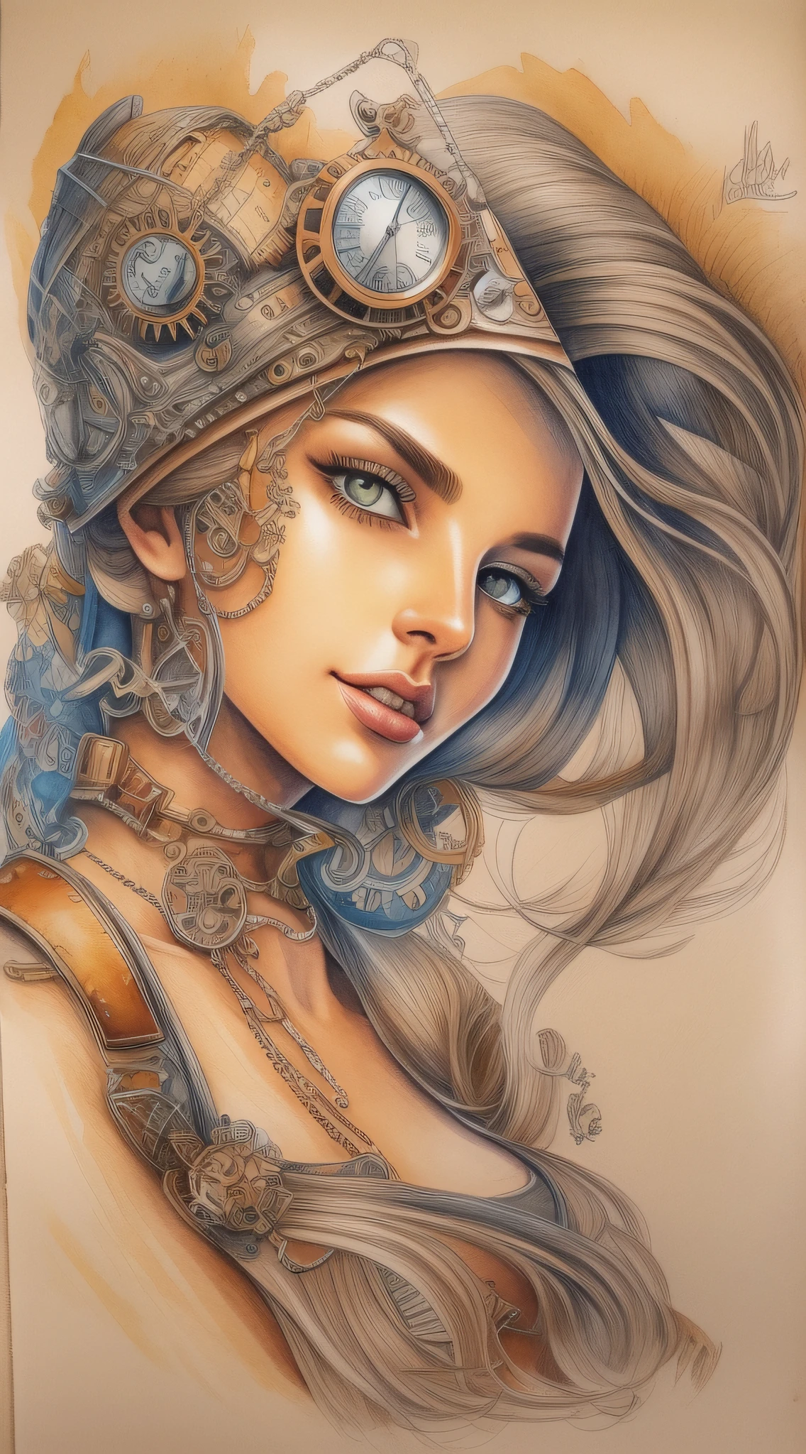 menina Steampunk, vindima, Dynamic，pose atraente, corpo inteiro, pequeno sorriso, Cabelos Longos, rosto inconstante, anatomia perfeita,beautiful face, Impeccable Art Line, Aquarela, colored pencils, alta qualidade, detalhe, fundo amplo, perfeito para reservar, Steampunk, anatomia perfeita, Centrado, Approaching perfection, Dynamic, altamente detalhado, pintura em aquarela, master part, arte em aquarela, Luz Natural, complexo, elegante, corpo inteiro, tiro de corpo inteiro, Colorful pieces, Sketchbook, Hand drawn, Escuro, granulado, realistic sketch, rough sketch, folha de caracteres, corpo inteiro, Bonito e deslumbrante corpo inteiro, corpo inteiro detalhado, (((tiro de corpo inteiro)))), realistic illustration